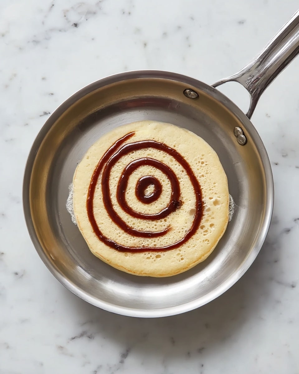 A round, small pancake sits in the middle of a shiny silver pan on a white marbled surface. The pancake has a smooth, pale yellow base layer with soft bubbles on the surface, showing it is cooking. On top of the pancake, there is a dark brown spiral sauce starting from the center and going outward in a neat swirl. The pan handle extends left, and the scene is simple with no other food or items visible. photo taken with an iphone --ar 4:5 --v 7