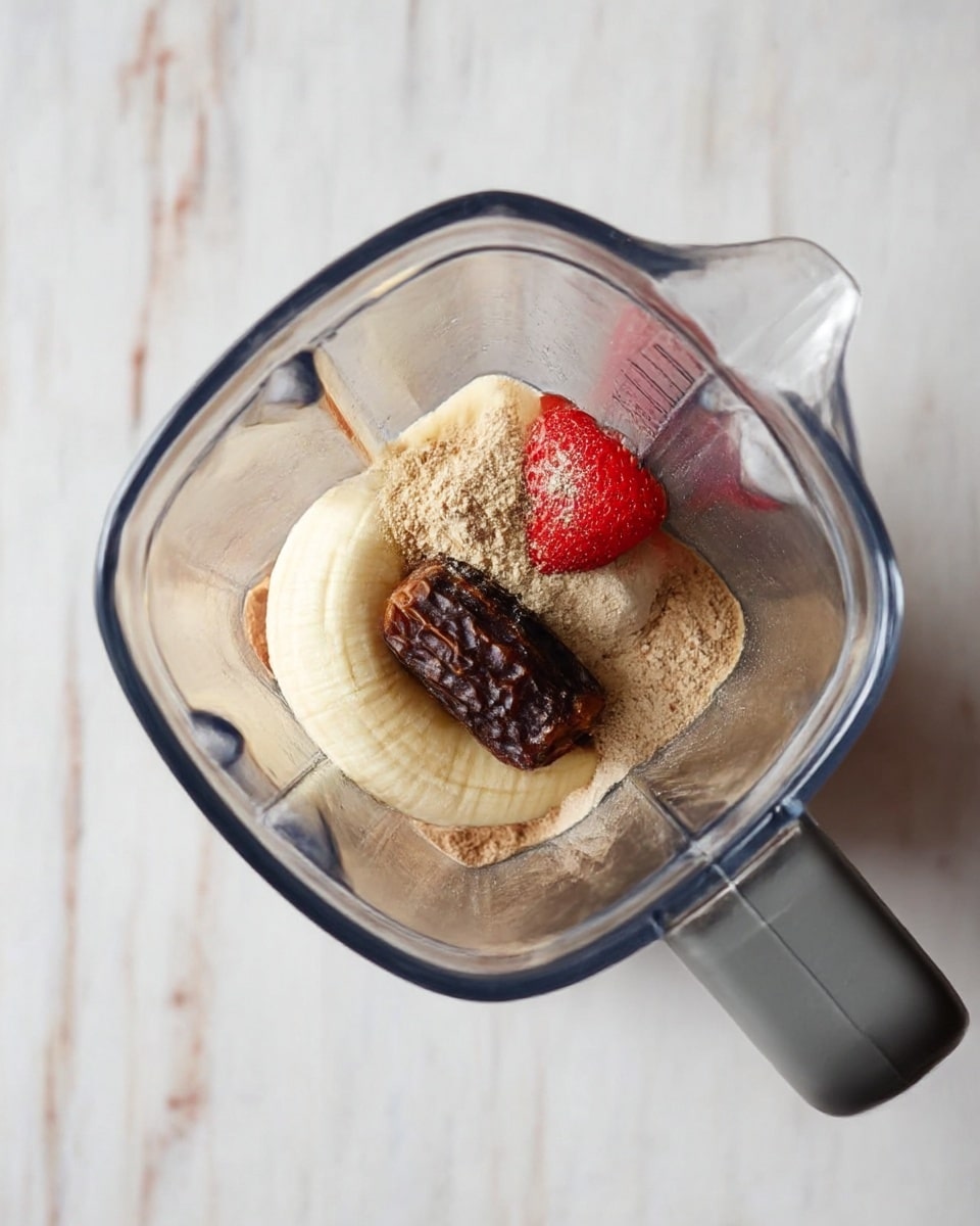 A top view of a blender with ingredients inside on a white marbled surface. Inside the blender, there is a half banana piece, a red strawberry, a dark brown date, and beige protein powder sprinkled on top. The blender container is clear with a gray handle visible on the right side. photo taken with an iphone --ar 4:5 --v 7