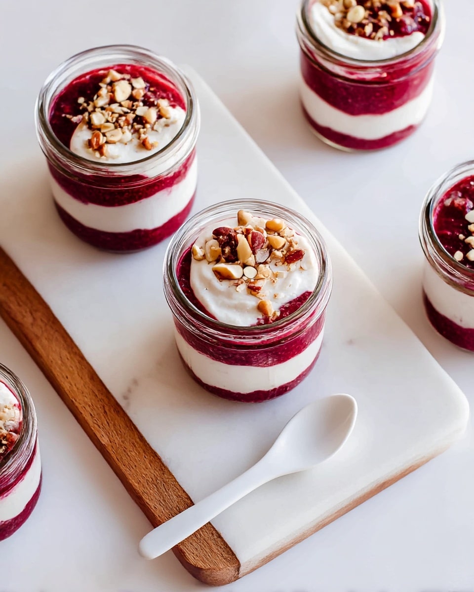 Five small glass jars each contain a layered dessert, placed on a white marbled surface with a wooden and white marble board at the center. Each jar has three visible layers: a bottom layer of deep red berry compote with a slightly textured look, a smooth white creamy middle layer, and a top layer of the same red berry compote. The top layer is sprinkled with mixed chopped nuts of light brown, cream, and tan colors. A white spoon lies next to the central jar on the board. The scene is bright with natural light, showing clean, simple textures. Photo taken with an iphone --ar 4:5 --v 7