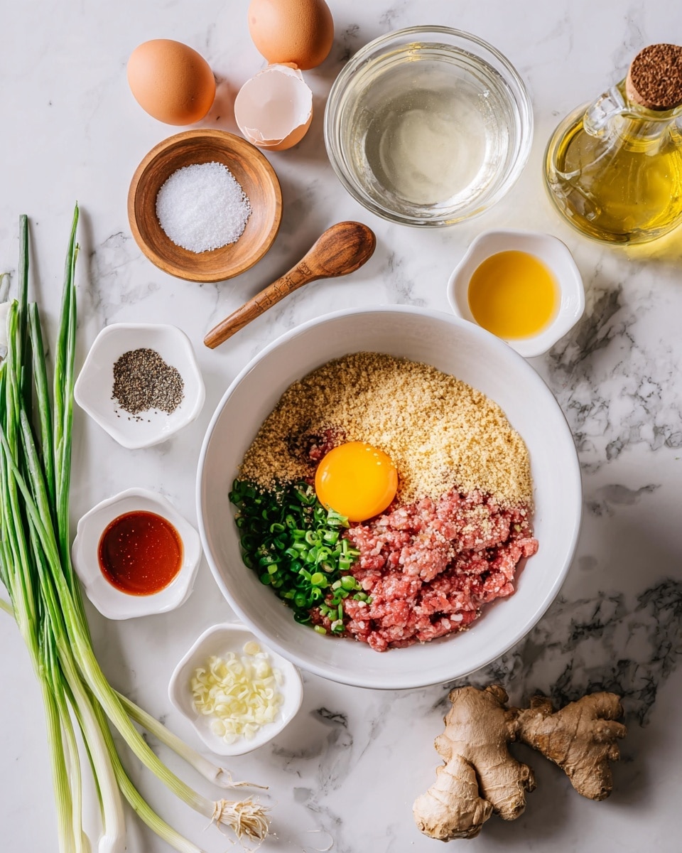 A white bowl in the center holds ground meat topped with one raw egg yolk, chopped green onions on the side, light brown breadcrumbs covering half the meat, and some black pepper and salt sprinkled in between. Around the bowl are small white dishes with chopped garlic, black pepper, a light yellow liquid, a dark brown sauce, and a bright red sauce. To the left of the bowl is a bunch of green onions and a white bowl with two cracked brown eggshells inside. Above the bowl on a white marbled surface are a small wooden dish with coarse salt and a wooden spoon, a clear glass bowl with a light liquid, and a glass bottle with yellow oil. A piece of root ginger is also near the bottom right of the main bowl. The photo is taken with an iphone --ar 4:5 --v 7