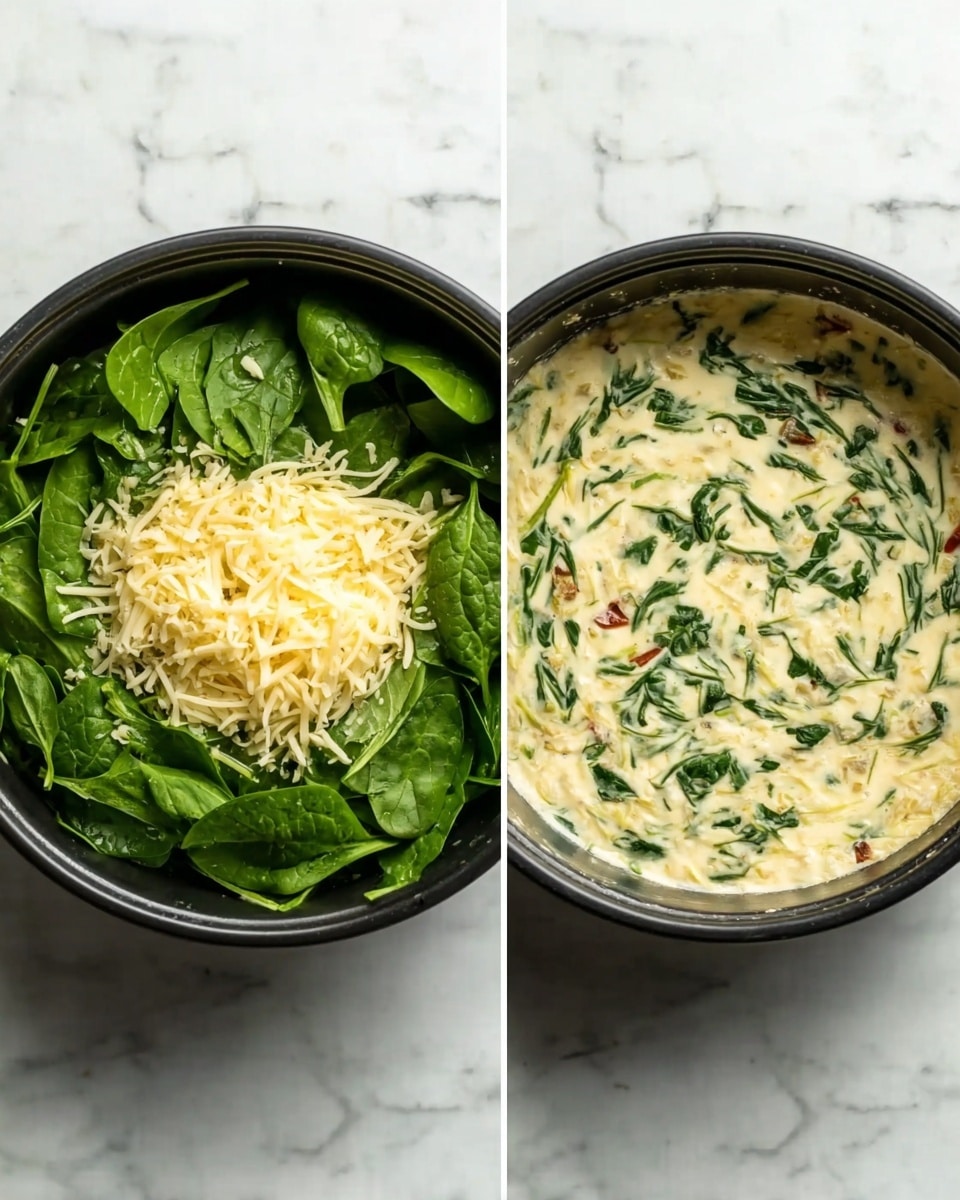 The image shows two round black pans placed side by side on a white marbled surface. The pan on the left contains a creamy mixture as the base layer with shredded light yellow cheese in the center. Over the cheese, there is a thick layer of fresh green spinach leaves covering half of the pan, adding a vibrant color contrast. The pan on the right shows a similar creamy base mixed evenly with melted shredded cheese and chopped spinach, creating a swirled texture with green and yellow tones spread throughout. Both pans have smooth edges and the food looks fresh and creamy. Photo taken with an iphone --ar 4:5 --v 7