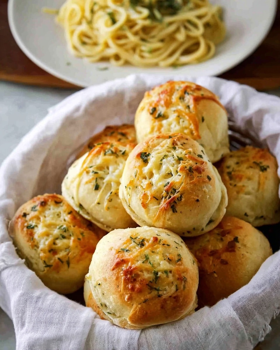 The image shows a white cloth lined basket filled with round golden-brown garlic rolls, each topped with melted light yellow cheese and green herbs. The rolls have a soft texture with slightly browned, shiny tops and are stacked closely together. In the background, a white plate with a serving of pale yellow spaghetti mixed with bits of green herbs sits on a white marbled surface. The overall scene has warm tones and cozy lighting. Photo taken with an iphone --ar 4:5 --v 7