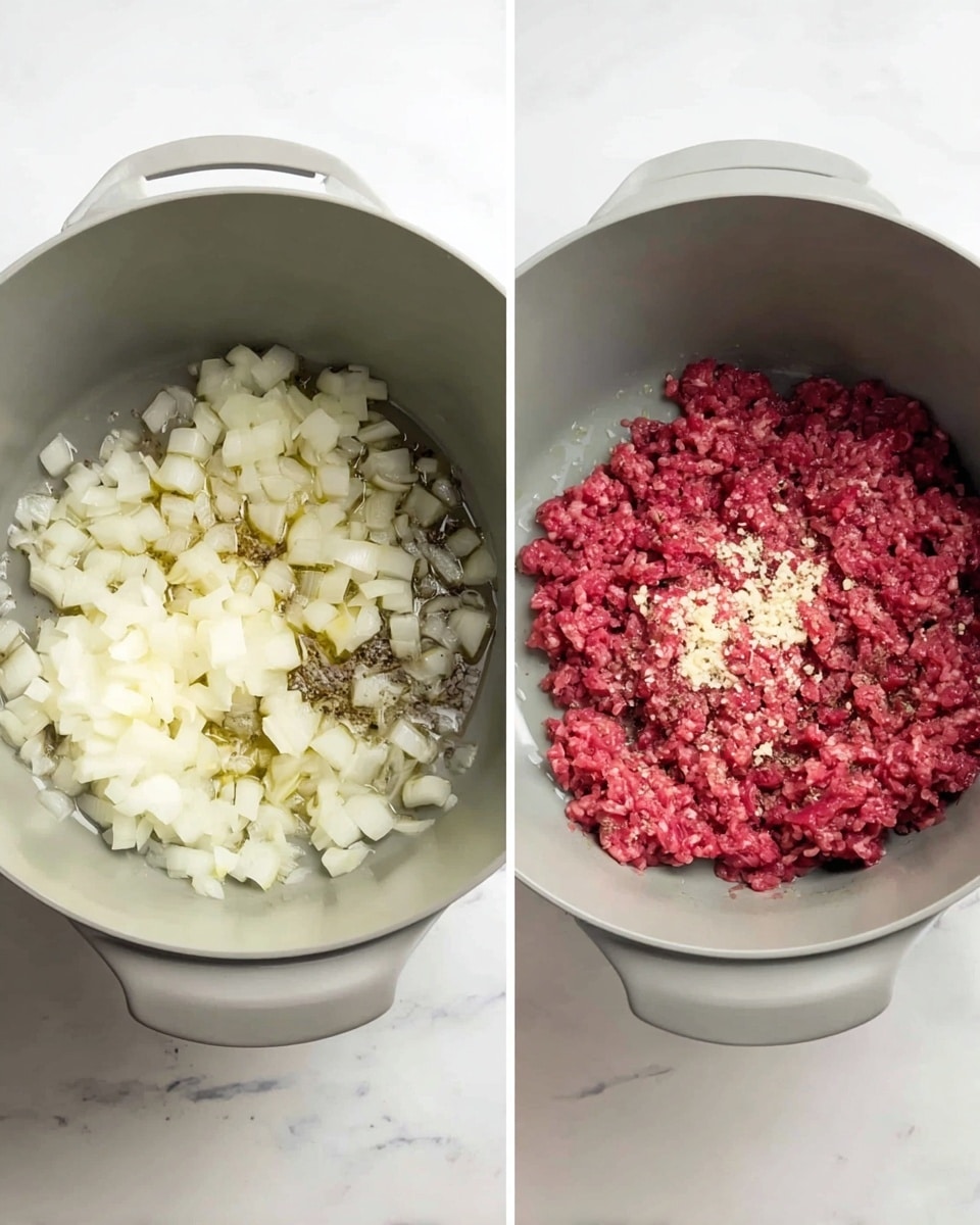 The first image shows a gray cooking pot filled with a layer of raw chopped white onions and minced garlic spread evenly at the bottom, with some light oil visible on the pot’s surface. The second image shows the same gray pot still with the onion and garlic layer slightly cooked and deepened in color, now topped with a layer of raw, loose ground red meat spread across the center, partially covering the onions underneath. The pot sits on a white marbled surface. photo taken with an iphone --ar 4:5 --v 7