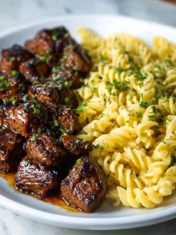 Garlic Butter Steak Bites with Creamy Alfredo Pasta Recipe