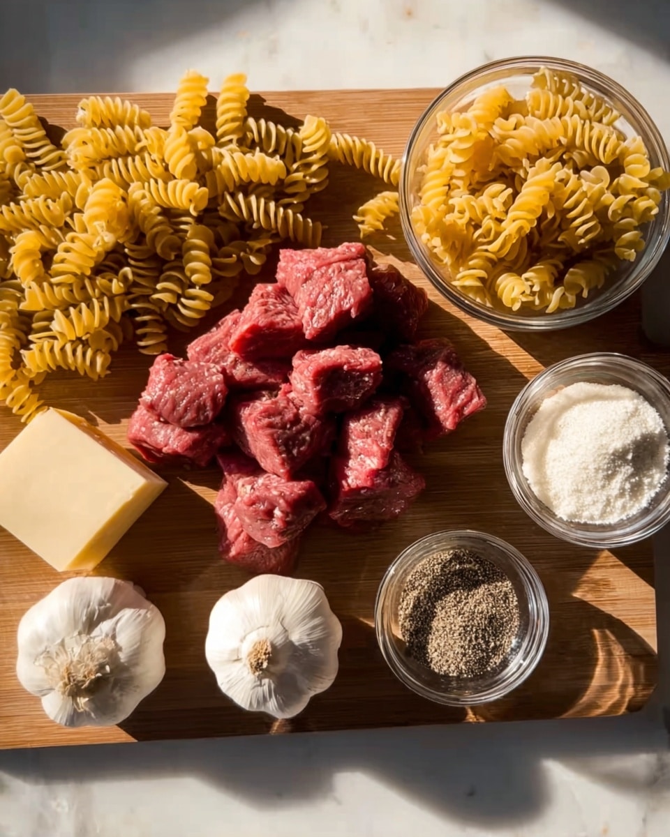 The image shows a wooden board with several ingredients arranged neatly. In the center, there is a pile of raw red meat chunks with a rough texture. To the left of the meat, there are yellow spiral pasta pieces spread out loosely. On the top right, there is a small clear glass bowl filled with uncooked spiral pasta. Below it, a smaller clear glass bowl holds a fine black and white ground spice mix. Below the meat and spice bowls, there are two bulbs of garlic, each with papery white skin. Next to the garlic bulbs is another small clear glass bowl filled with a white powdery ingredient. On the top left corner of the wooden board, there is a chunk of pale yellow cheese. The whole scene is set on a white marbled surface with bright natural lighting casting clear shadows. photo taken with an iphone --ar 4:5 --v 7