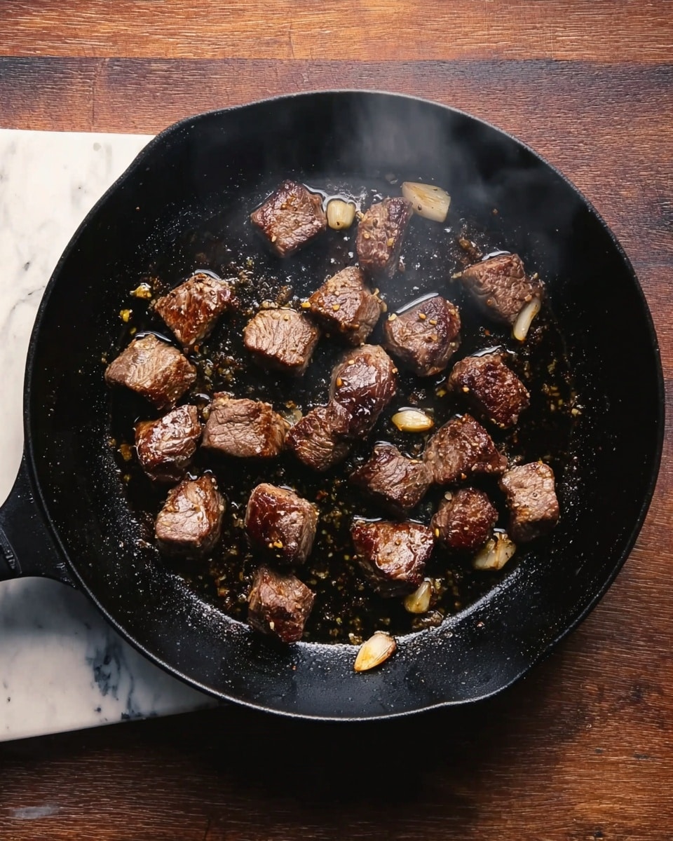 The image shows a black cast iron pan filled with medium-brown seared small pieces of meat, placed unevenly in the pan. Some pieces have a slightly darker crust, giving a crispy look. There are small pieces of garlic scattered among the meat, lightly golden and sizzling in hot oil. The pan is on a wooden surface, but the background is changed to a white marbled texture. Steam rises gently from the pan, showing the food is hot. photo taken with an iphone --ar 4:5 --v 7