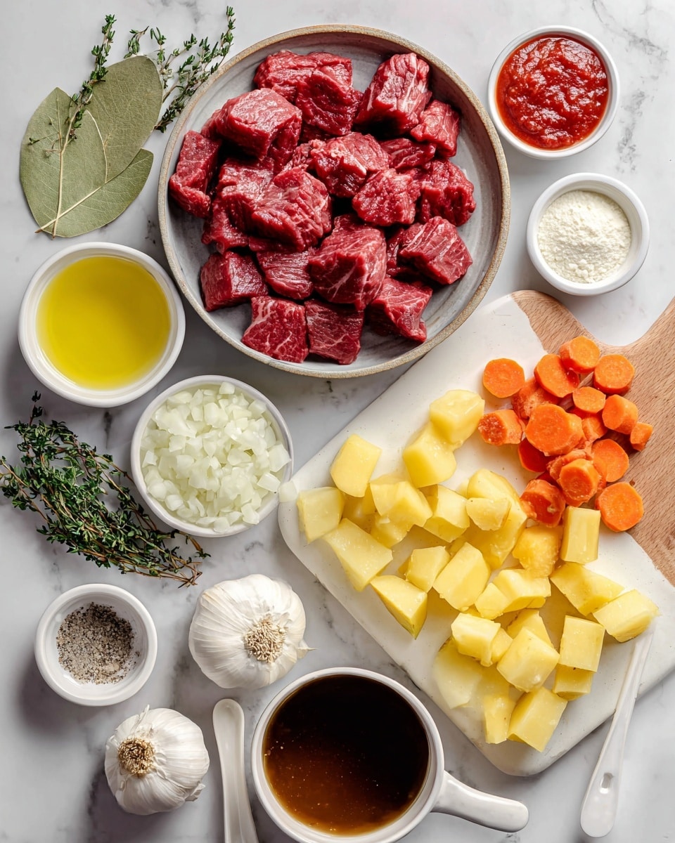 The image shows several bowls and a white cutting board with ingredients neatly arranged on a white marbled surface. In the center, a round bowl holds red beef chunks with visible texture. To the right, a white cutting board holds light yellow potatoes and bright orange sliced carrots in separate piles, both cut into chunky pieces. Surrounding them are small white bowls containing pale yellow olive oil, white flour, and deep red tomato paste with a smooth texture. Above the beef, a small bowl holds white chopped onions. A whole white garlic bulb, a bay leaf, and fresh green thyme sprigs are scattered around for garnish. There is also a small amount of coarse white salt in a tiny bowl, black pepper in another, and a warm brown beef broth in a small round bowl. A white spoon holds dark brown Worcestershire sauce near the lower left. The whole setup is bright and clean, photographed from above. Photo taken with an iphone --ar 4:5 --v 7