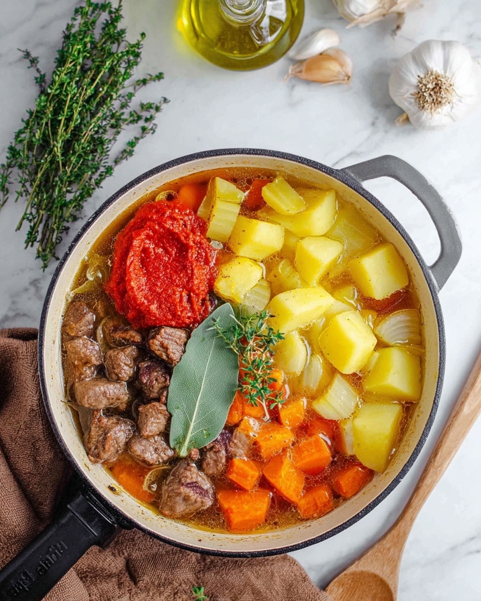 The image shows a white cast iron pan on a white marbled surface, filled with several layers of ingredients in a broth. The bottom layer has chunks of brown cooked meat mixed with orange carrot pieces and slices of onion. On top of this, there is a bright red dollop of tomato paste placed near the center, a green bay leaf, and a small sprig of fresh green thyme. On one side of the pan, there are large pieces of peeled and cut yellow potatoes, partially submerged in the broth. A wooden spoon rests next to the pan on a brown cloth, and there is a glass bottle of olive oil in the background, along with garlic and thyme sprigs. photo taken with an iphone --ar 4:5 --v 7