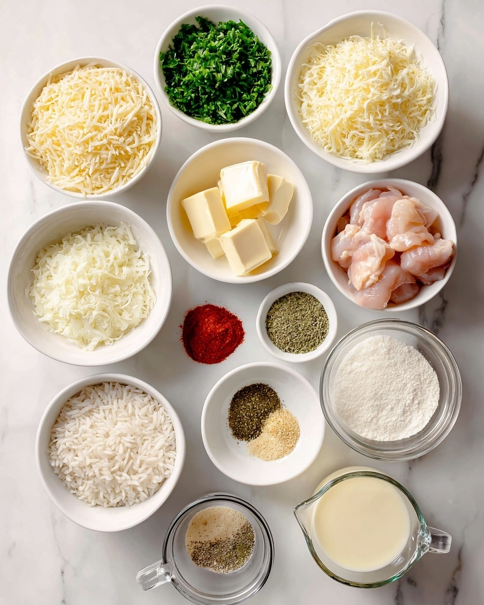 The image shows several white bowls and small white sauce dishes arranged neatly on a white marbled surface, each containing different ingredients. There is a small white bowl filled with finely chopped fresh green parsley at the top center, next to another small white bowl with light yellow butter sticks. On the left, a larger white bowl is filled with light yellow grated parmesan cheese, and below it another white bowl holds finely chopped white onion. In the center right, there are four small white dishes with dry spices: one with green Italian seasoning, one with off-white onion powder, one with beige garlic powder, and one with a mix of salt and black pepper. Below them, a small white dish contains bright red paprika powder, and another small dish holds finely minced yellow garlic. In the middle, a clear glass bowl holds off-white long grain rice. To the bottom left, a clear glass bowl carries raw pink chicken pieces. Two clear measuring cups are at the bottom right, one filled with golden chicken broth and the other with heavy white cream. The overall setting is bright and clean, and the photo is taken with an iphone --ar 4:5 --v 7