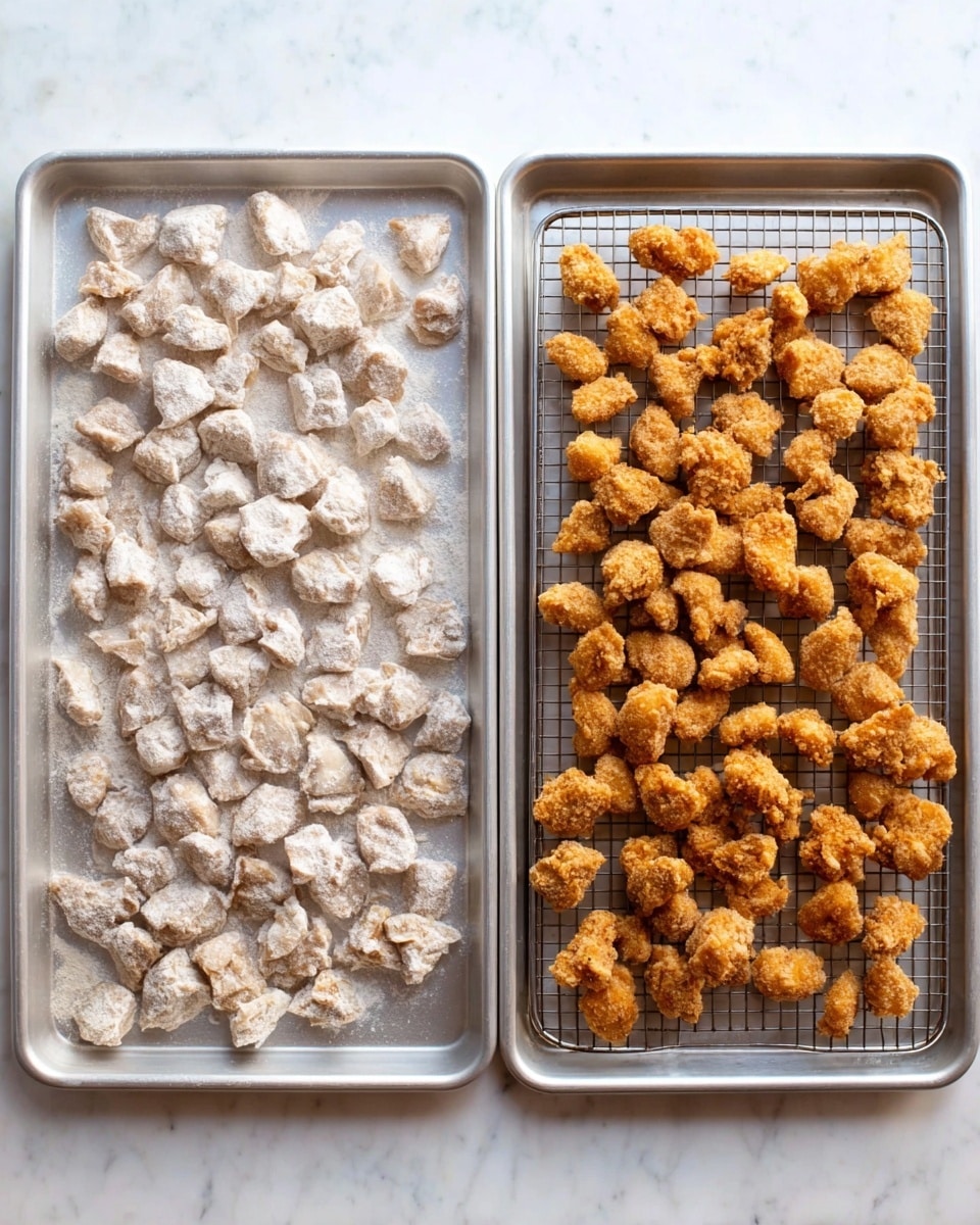 The image shows two side-by-side metal trays on a white marbled surface. The left tray is filled with small, uneven pieces of raw chicken coated in a light flour mixture, giving them a pale, powdery look. The pieces are spread out evenly in loose rows. The right tray holds two wire racks stacked on top of each other, covered with golden-brown fried chicken nuggets that look crispy and crunchy. The nuggets are also spread out evenly to cool. The whole setting is simple and clean, focusing on the stages of preparing fried chicken pieces photo taken with an iphone --ar 4:5 --v 7