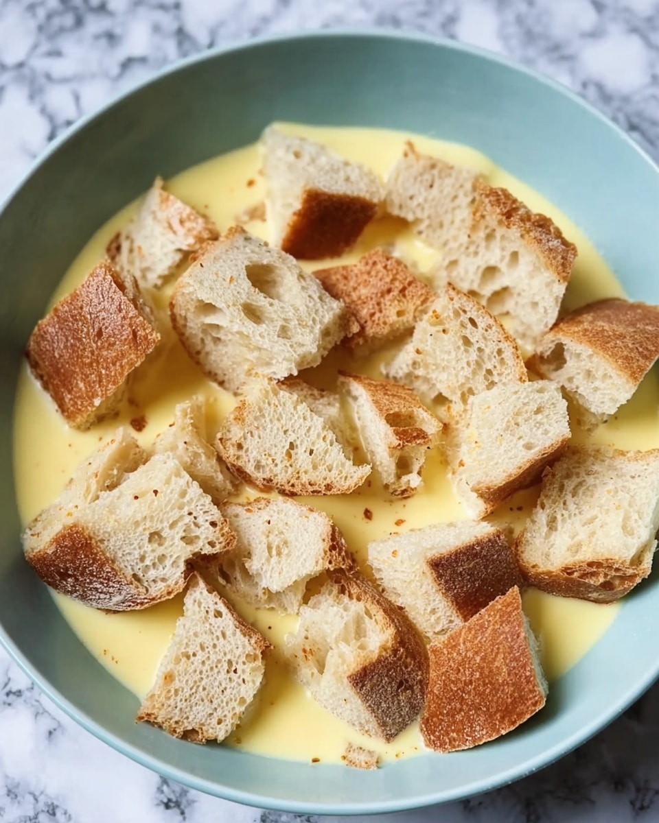 This image shows a pale blue bowl filled with a creamy yellow liquid, which looks like an egg mixture. On top of the liquid, there are many pieces of light beige bread with brown crusts, some pieces showing soft and airy textures with holes inside. The bread pieces are spread unevenly and partially soaked in the yellow liquid. The bowl rests on a surface with a white marbled texture. photo taken with an iphone --ar 4:5 --v 7