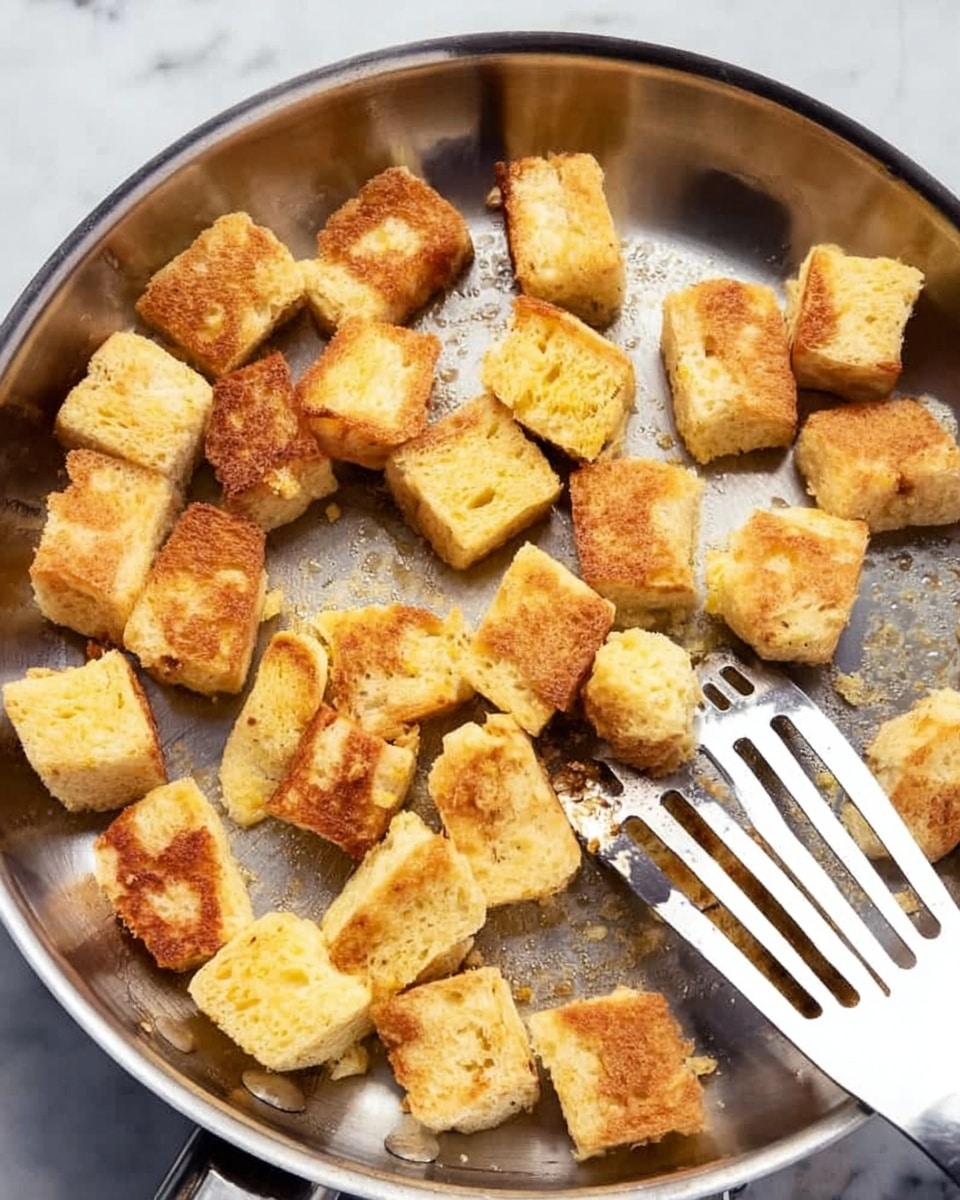 This image shows many small pieces of cubed bread toasting in a silver pan. The bread pieces are golden-brown on their flat sides and light yellow on the other sides with a slightly rough texture. The pan’s surface is shiny and metallic, with some crumbs scattered around. A silver spatula with wide slots is lifting some bread cubes. The background is a white marbled texture. photo taken with an iphone --ar 4:5 --v 7