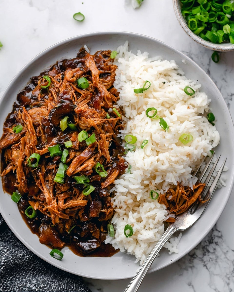 The image shows a white plate with two main layers: on the left side, a dark brown sauce covering shredded, cooked pieces that look like mushrooms or meat, topped with chopped green onions for a fresh touch; on the right side, a neat pile of fluffy white rice. A silver fork rests on the right side of the plate, partially in the rice. The plate is placed on a white marbled surface with a small bowl of green onions in the upper right corner. Photo taken with an iphone --ar 4:5 --v 7