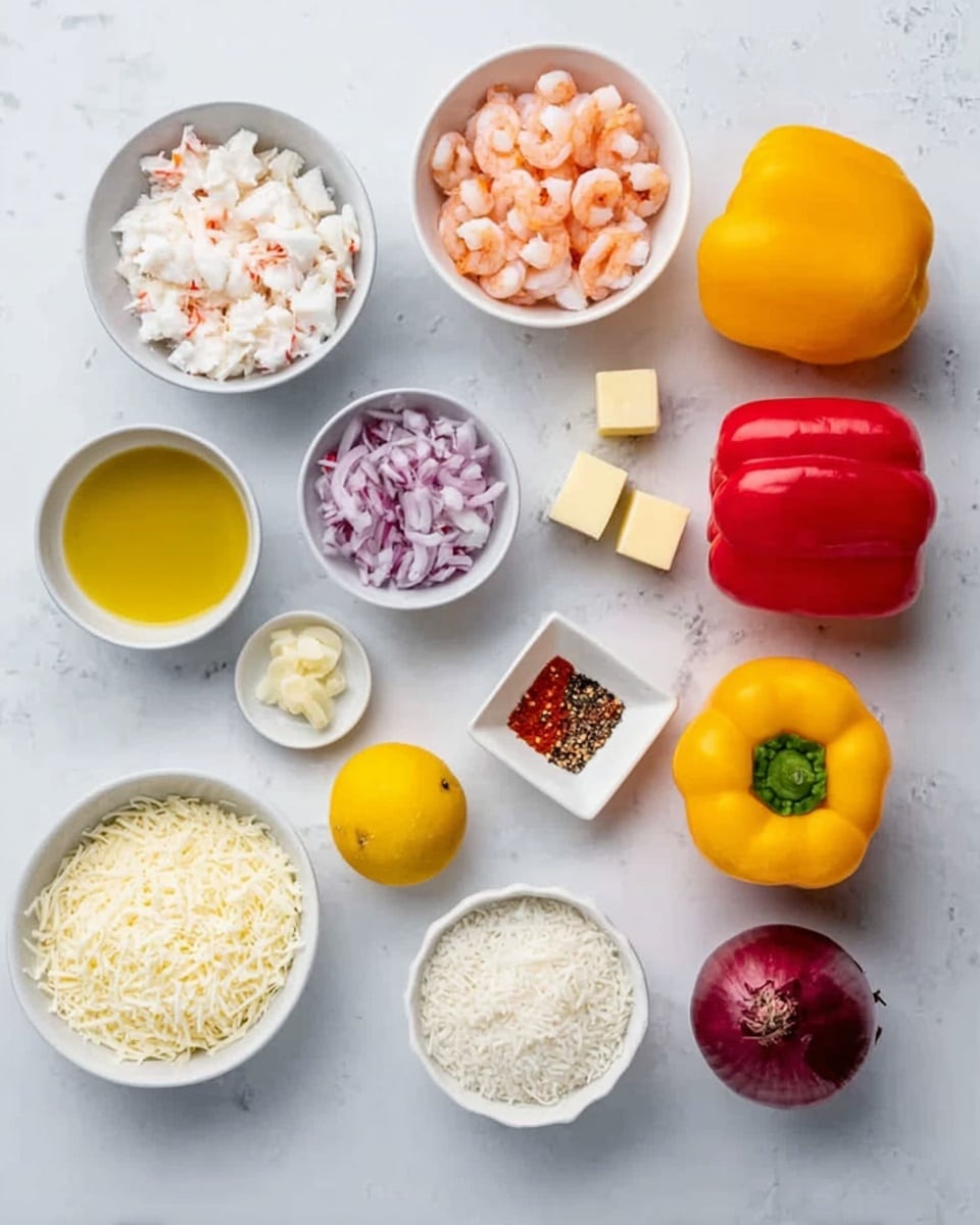 This image has 12 round bowls and 3 whole bell peppers on a white marbled surface. Starting from top left, the first bowl holds white crab meat, next to it a bowl with two square butter blocks, then a bowl filled with small pink shrimp. To the right, there are three whole bell peppers: one yellow, one red, and one more yellow. Below the peppers, a white bowl contains chopped red onions. In the center left, a bowl with golden liquid oil is next to a bowl filled with white shredded cheese. Below those, a small square dish contains a half lemon. A small bowl with minced garlic is next to it. In the center near the bottom, a bowl holds cooked white rice. Above this rice bowl is a small square dish with red and black spices. The image is clean and bright. Photo taken with an iphone --ar 4:5 --v 7