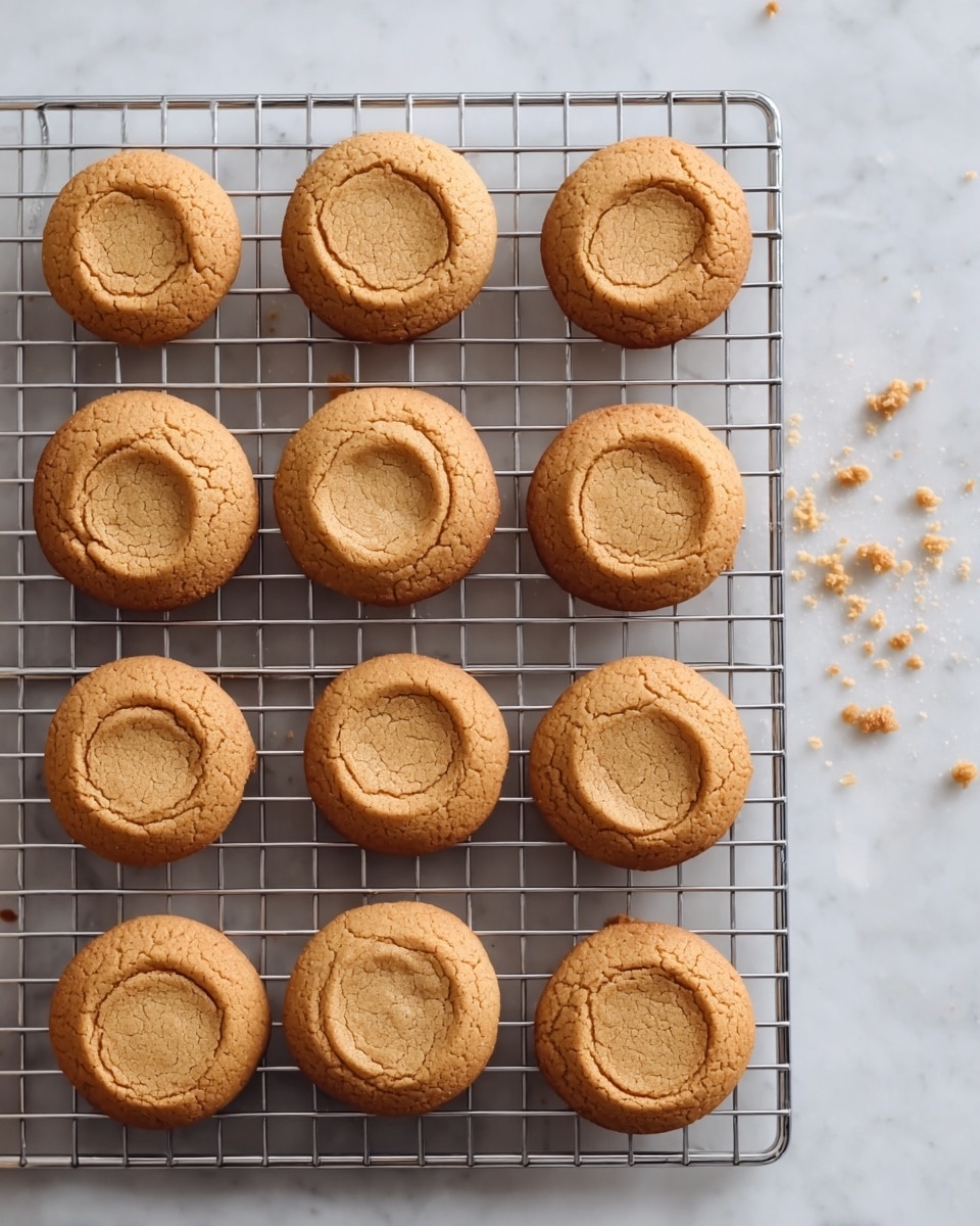 A cooling rack holds fourteen round, golden-brown cookies arranged in a grid pattern. Each cookie has a smooth, slightly cracked surface with a subtle indentation in the center. The rack is placed on a white marbled texture, where a few cookie crumbs are scattered nearby. The cookies appear soft but firm, with a warm, even color that suggests they are fresh from the oven. photo taken with an iphone --ar 4:5 --v 7