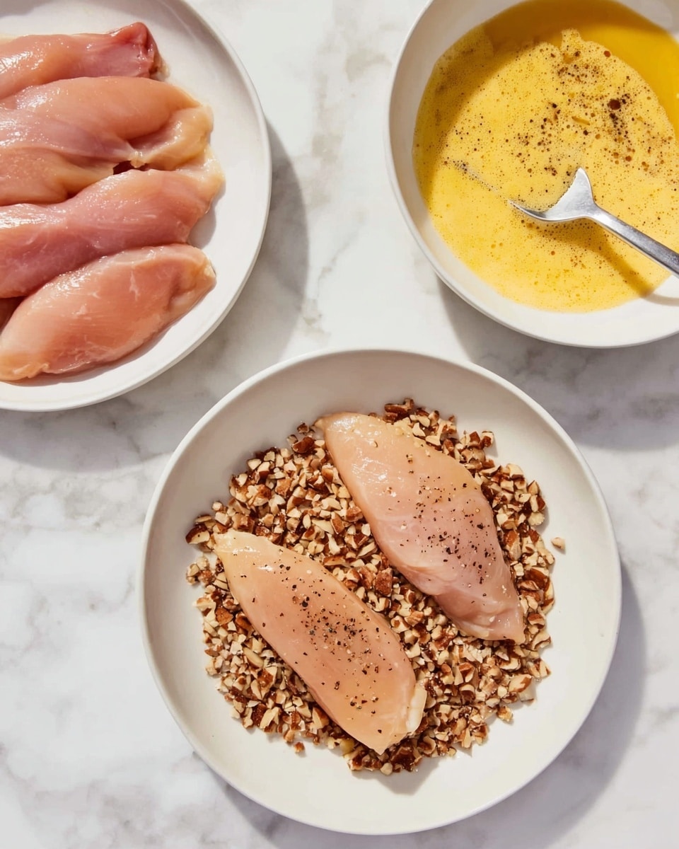 The image shows three white round plates placed on a white marbled surface. The first plate, in the top left corner, holds three raw pieces of chicken with a light pink color. The second plate, in the bottom left corner, contains a yellow egg mixture with a slightly frothy texture, and a fork rests inside it. The third plate, on the right side, has a layer of chopped brown nuts covering the bottom, on top of which three pieces of raw chicken sit, each seasoned with small black pepper specks. Photo taken with an iphone --ar 4:5 --v 7