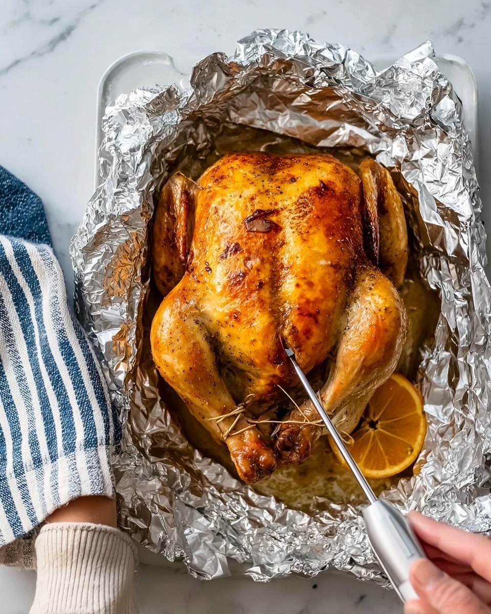 A whole roasted chicken with golden-brown skin lies on crumpled shiny silver foil inside a white marbled surface. The chicken is stuffed with an orange slice visible near the cavity, and the legs are tied with string. A woman's hand wearing a striped blue and white oven mitt holds the foil on the left side, while another woman's hand is holding a meat thermometer inserted into the chicken on the right side. The scene shows the chicken ready to be checked for temperature, with warm colors and shiny foil textures. photo taken with an iphone --ar 4:5 --v 7