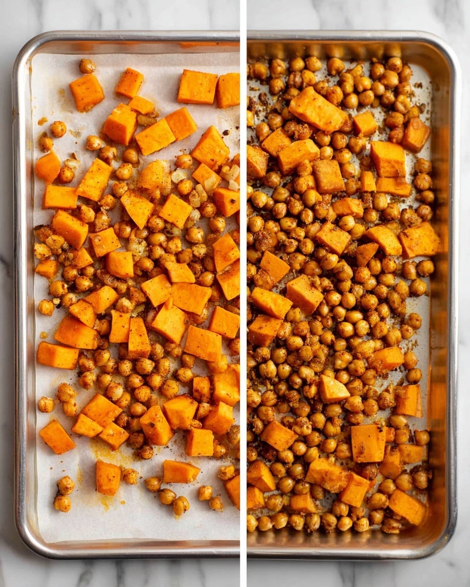 The image shows two side-by-side photos of a silver baking tray on a white marbled surface. On the left side, the tray holds small cubed orange sweet potatoes mixed with light brown chickpeas, spread out evenly on white parchment paper. On the right side, the same tray has the sweet potatoes and chickpeas roasted, turning the orange cubes a little darker with some charred spots while the chickpeas are a deeper golden brown, all mixed together with a slightly crispy texture visible. photo taken with an iphone --ar 4:5 --v 7