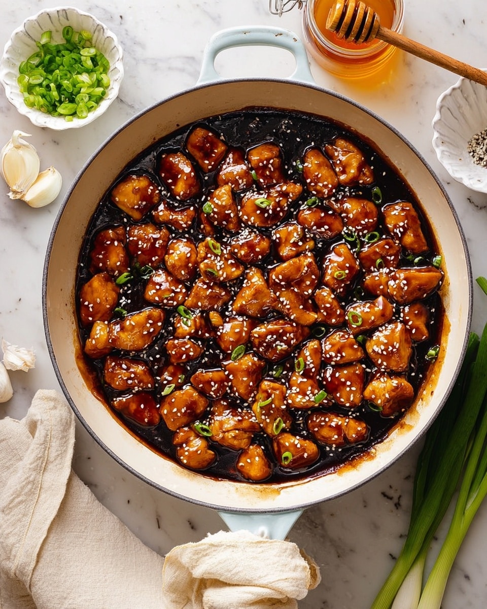 A white pan filled with many small pieces of shiny, brown chicken cooked in a dark sauce, sprinkled with white sesame seeds and small green onion slices. The chicken pieces are spread evenly, some showing their smooth, glazed surface, and others partly covered by the thick sauce. Around the pan, there is a small white dish with chopped green onions, garlic cloves, a honey jar with a wooden honey dipper, and fresh green onions lying on a white marbled surface. The pan handle is wrapped loosely with a light beige cloth. Photo taken with an iphone --ar 4:5 --v 7