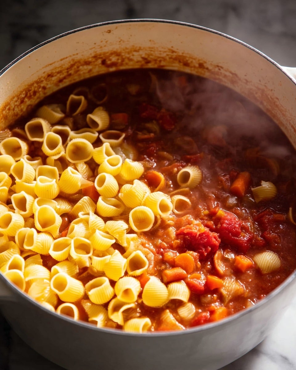 The image shows a large white pot filled with a rich, thick tomato sauce at the bottom, with visible chunks of red tomatoes and small pieces of orange carrots mixed inside. On top of this sauce, there is a single layer of dry yellow pasta shells, some of which are upright, showing their hollow centers, while others lie on their sides. The pot has a white inner rim stained with a light layer of sauce residue, and some steam gently rises from the right side, indicating heat. The background surface is a white marbled texture. Photo taken with an iphone --ar 4:5 --v 7