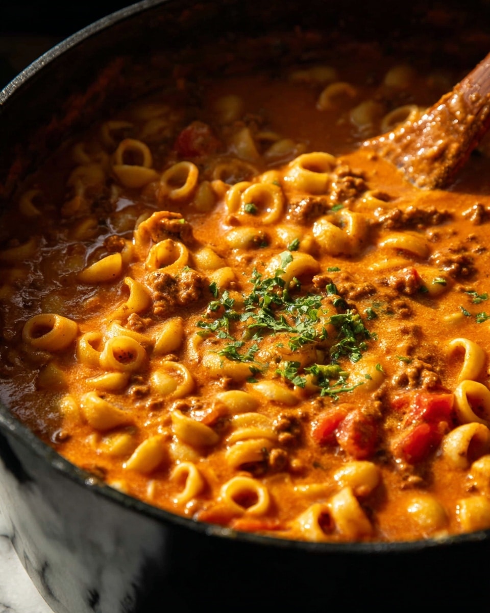 A close-up view of a pot filled with a thick, creamy pasta stew made with small, round pasta shells coated in a rich orange sauce. The sauce has a smooth texture with visible bits of ground meat and diced red tomatoes scattered throughout. On the surface near one side, there is a small patch of melted butter with chopped green herbs sprinkled on top, adding a fresh contrast to the warm colors. The edge of a wooden spoon is partially visible, resting inside the pot, and the pot itself is black with a white marbled surface underneath. The lighting highlights the glossy and hearty appearance of the dish photo taken with an iphone --ar 4:5 --v 7