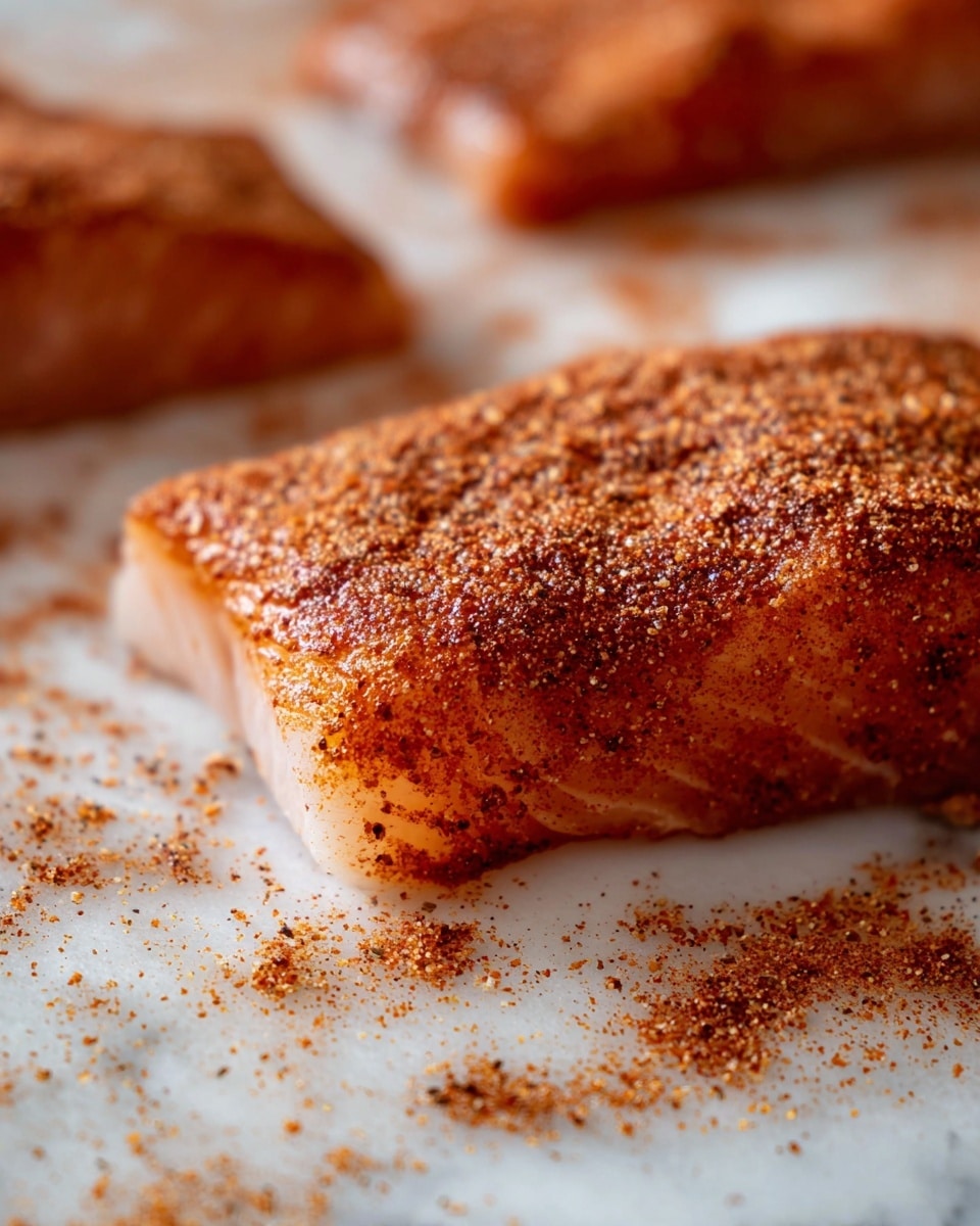 The image shows a close-up of a single piece of raw fish fillet laid flat, fully covered with a textured, reddish-brown spice rub that has a fine to slightly coarse grain. The fish has a light pinkish flesh color visible under some parts of the spice layer. The spice rub dust spills loosely around the edges onto a white marbled textured surface that the fish rests on. The focus is tight on the center of the fillet, blurring the edges and the background fish pieces that are barely visible. photo taken with an iphone --ar 4:5 --v 7