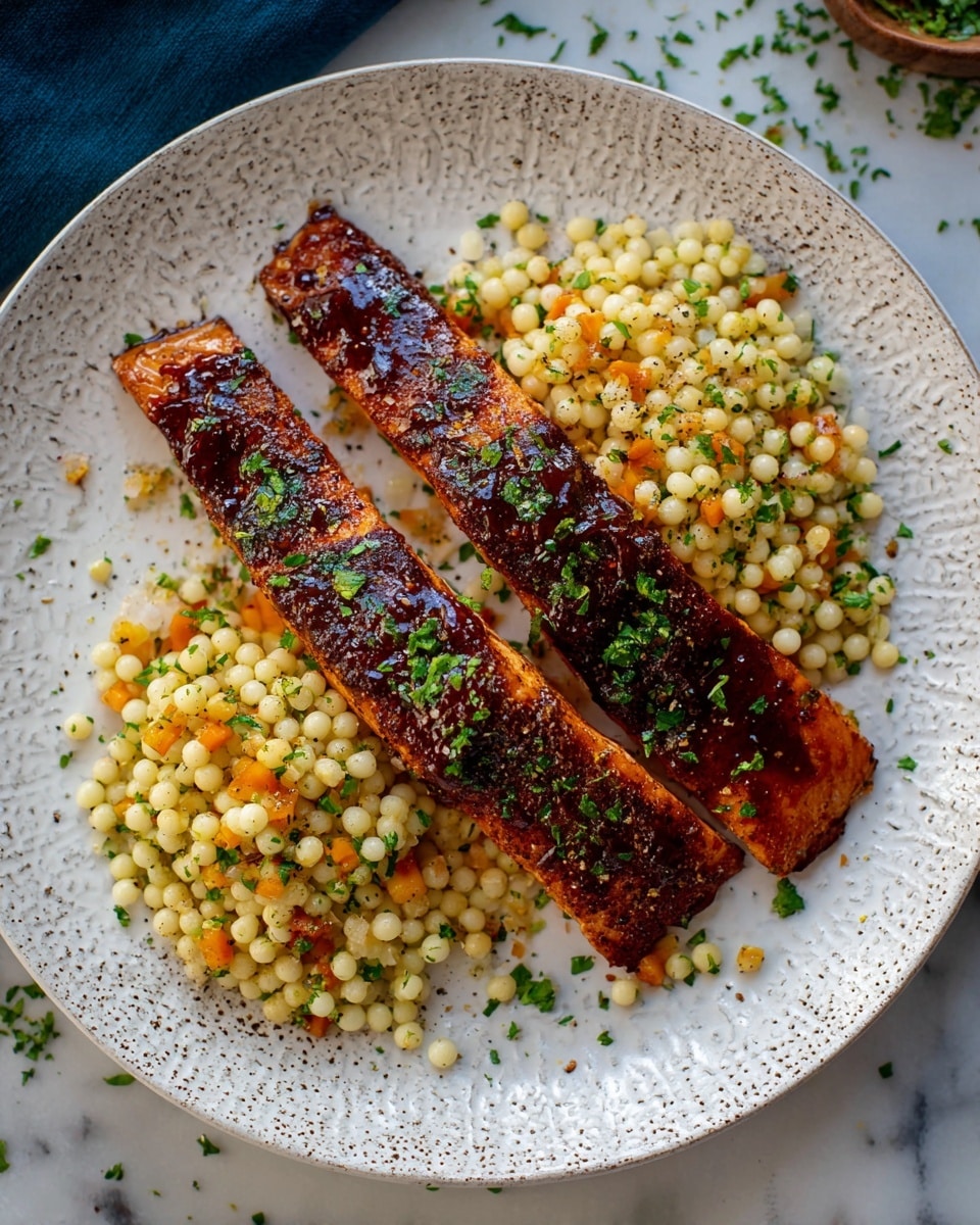A white textured plate holds two long, thick pieces of salmon with a dark, shiny glaze that looks slightly crispy on top and is sprinkled with finely chopped green herbs. Next to the salmon is a generous mound of small pearl couscous in light cream, soft orange, and pale yellow colors, mixed with scattered bits of green herbs and black pepper. The plate sits on a white marbled surface with some scattered green herbs around. photo taken with an iphone --ar 4:5 --v 7