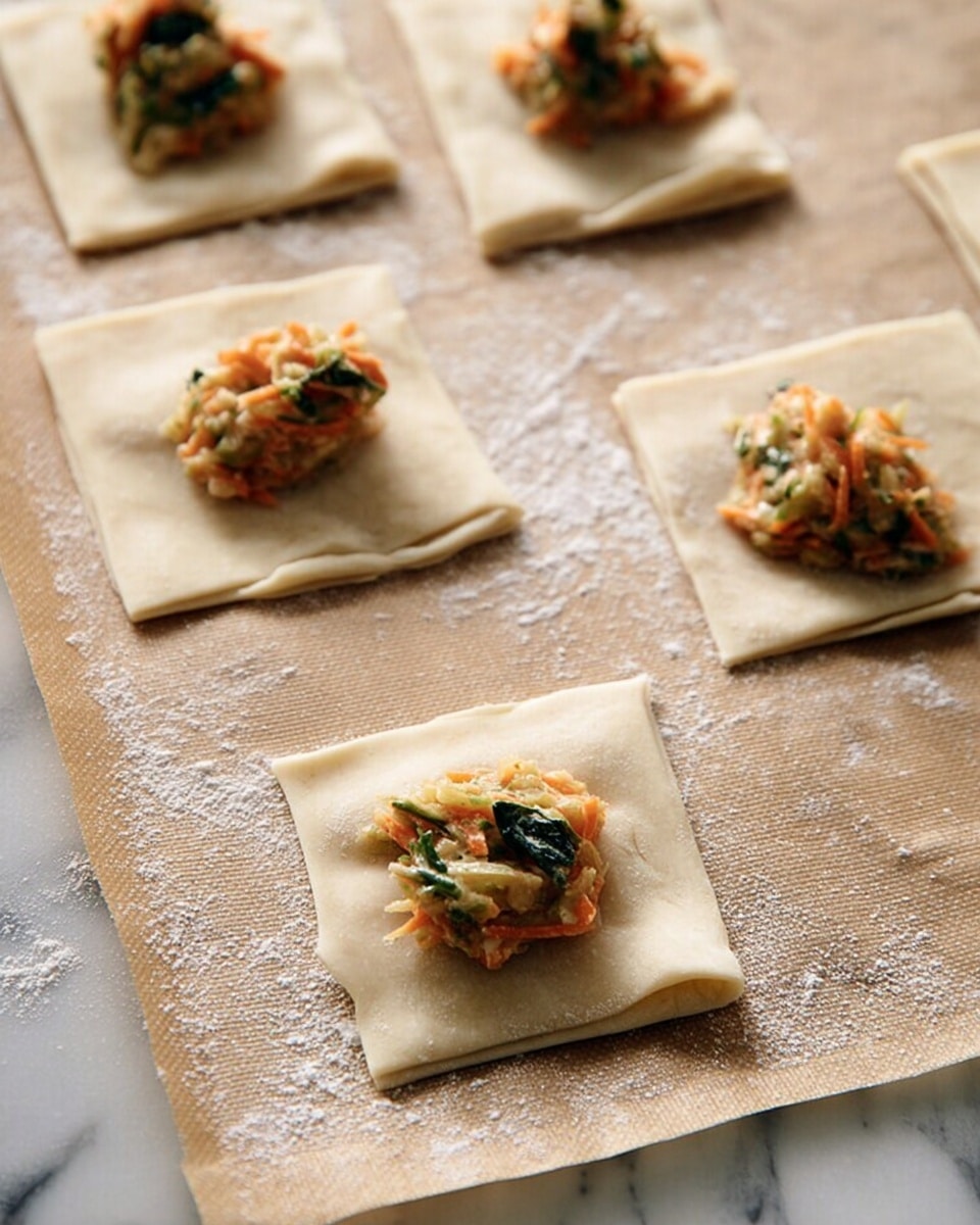 Thin square sheets of pale dough are laid flat on brown parchment paper over a white marbled surface. Each dough square has a small mound of mixed filling in the center, made of shredded orange carrots, green leafy vegetables, and light creamy bits, creating a colorful texture contrast. The filling looks moist and soft, stacked neatly but not spread out. The dough appears smooth and slightly dusted with white flour around the edges. The image shows a close-up from above, focusing on the raw preparation before folding or cooking. photo taken with an iphone --ar 4:5 --v 7