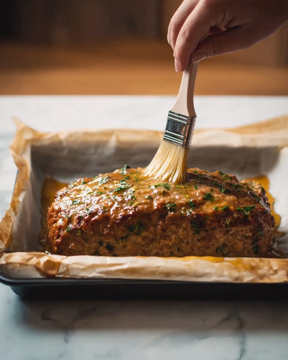 A golden brown meatloaf sits in the middle of a baking tray lined with parchment paper, with visible green herbs mixed throughout the meat. A woman's hand holds a small brush applying a shiny glaze over the top surface, making it look moist and slightly glossy. The tray edges are slightly browned from cooking, and the background shows a soft focus with warm kitchen tones. The surface under the tray is a white marbled texture. photo taken with an iphone --ar 4:5 --v 7