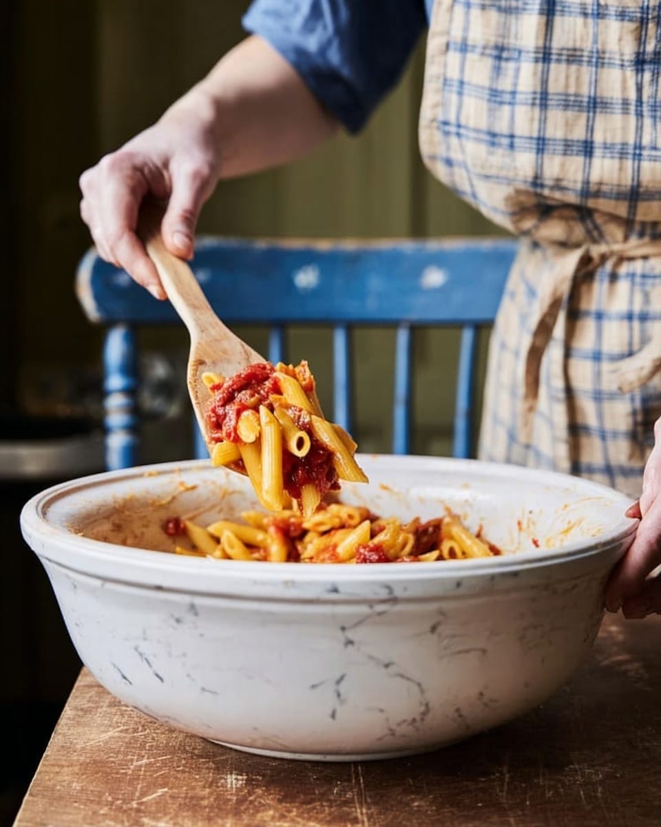 A white bowl is full with a colorful mix of cooked pasta and tomato sauce, showing yellow and red tones with some soft texture. A woman's hand is holding a wooden spatula, lifting a portion of the pasta mix gently from the bowl. The bowl sits on a wooden surface with a white marbled texture in the background. The woman wears a beige apron with blue and white plaid patterns, and a blue shirt is visible on her arm. Behind the bowl is a worn blue wooden chair adding rustic charm to the scene. Photo taken with an iphone --ar 4:5 --v 7