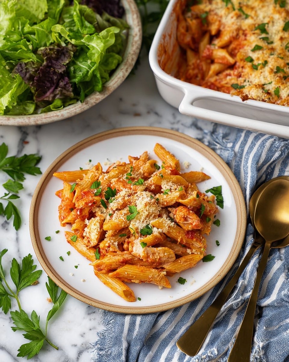 A white plate with a beige rim holds one layer of penne pasta mixed with small chunks of light brown cooked chicken, all coated in a red tomato sauce. The pasta is topped with a light sprinkling of white grated cheese and small bits of green herbs, likely parsley. Two brass-colored spoons rest on the right side of the plate. The plate sits on a white marbled surface with a blue and white striped cloth next to it. Near the plate, there is a bowl filled with fresh green leafy salad in various shades of green, and a white rectangular baking dish filled with more pasta bake topped with golden brown breadcrumbs and sprinkled herbs. Small bunches of fresh parsley are scattered around the scene. Photo taken with an iphone --ar 4:5 --v 7