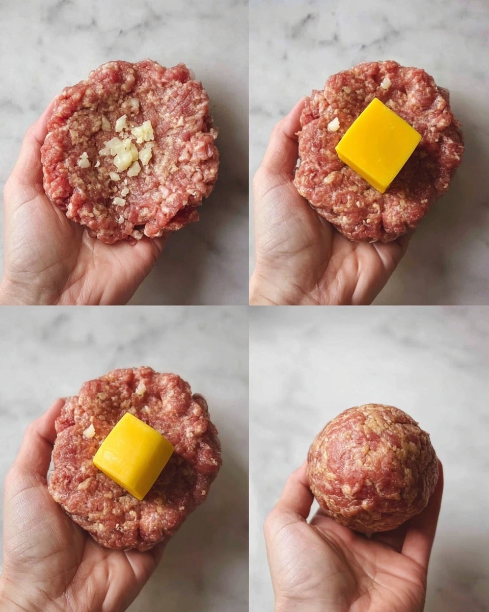 A woman's hand is shown holding a piece of raw meat mixed with small white bits, shaped unevenly in the center and flattened in one image. In the next image, the flattened meat has a bright yellow cube placed in its middle. The third image shows the woman's hand holding the meat formed slightly upward around the yellow cube. The final image shows the meat shaped smoothly into a round ball, fully enclosing the yellow cube inside. The background is a white marbled texture photo taken with an iphone --ar 4:5 --v 7