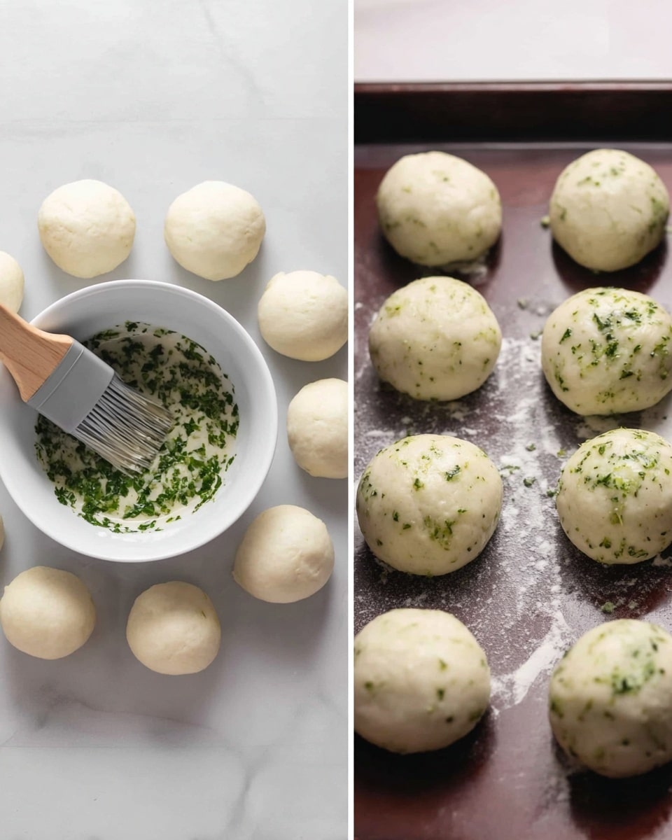 Two images side by side show round white dough balls on a dark baking tray with a white marbled texture background. The left image shows eight smooth, round dough balls spaced evenly around a white bowl filled with a green herb mixture and a wooden brush with gray bristles beside it. The right image has the same dough balls now brushed lightly with the green herb mixture, small green flecks visible on each ball’s surface, all on the dark baking tray. Photo taken with an iphone --ar 4:5 --v 7