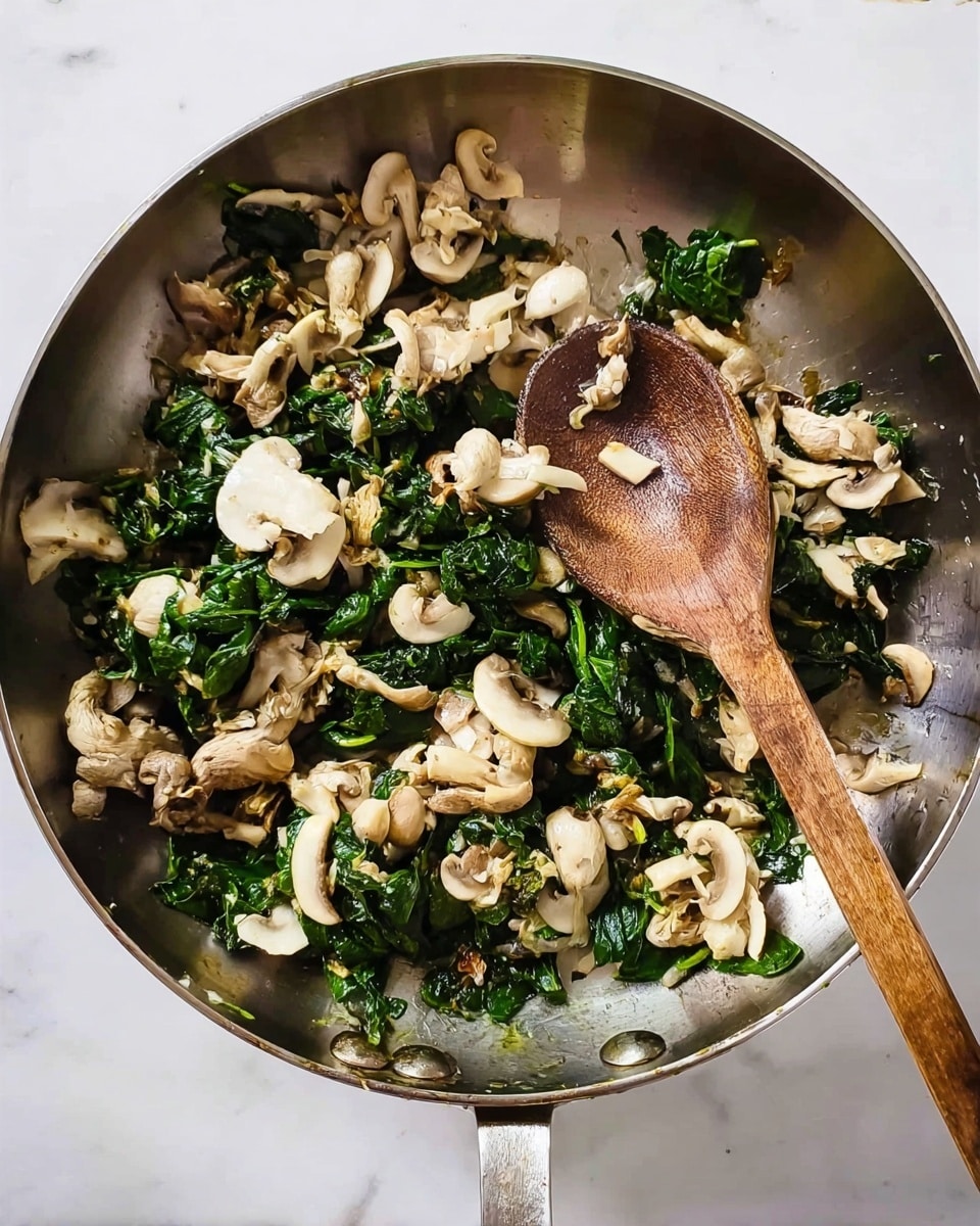 A round stainless steel pan filled with layers of cooked leafy spinach and various types of light beige and white mushrooms, scattered unevenly across the pan. A wooden spoon with a smooth, slightly worn texture rests inside the pan, lying diagonally from the lower center toward the upper right side. The mushrooms show different shapes and textures, some with curly edges and some rounded, mixed with the dark green, wilted spinach leaves. The pan sits on a white marbled surface. Photo taken with an iphone --ar 4:5 --v 7