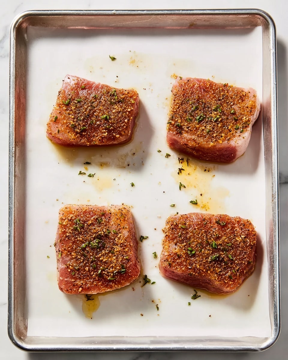 The image shows four raw, square-shaped pieces of meat, each coated with a brownish spice mix that includes small green herb bits, spread evenly on a shiny white baking tray with a white marbled surface underneath. Each piece has a light pink color, and the seasoning adds texture and small drops of oil can be seen around and on the pieces, making them look moist. The pieces are spaced apart in a loose 2x2 grid pattern, with two on the top and two on the bottom. The tray's metal edges frame the white background neatly. Photo taken with an iphone --ar 4:5 --v 7