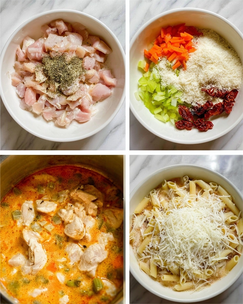The image shows four stages of cooking a creamy chicken pasta. The first layer in a white bowl has raw, small pieces of pink chicken sprinkled with dried herbs. The second layer adds chopped orange carrot sticks, white diced onion, bright green celery, and dark red sun-dried tomatoes on top of the light cooked chicken pieces. The third layer shows the mixed ingredients with a white powder sprinkled over everything, creating a textured look. The last layer is a creamy orange soup or sauce with pasta tubes visible and topped with a heap of shredded white cheese, all inside a pot. The background is a white marbled surface. photo taken with an iphone --ar 4:5 --v 7