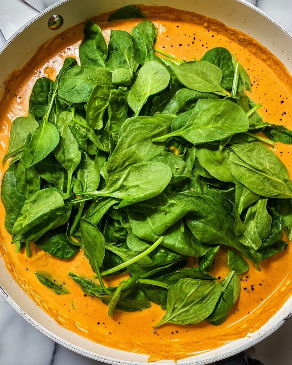 A white pan filled with a thick, orange sauce that covers the bottom and sides, topped with a large pile of fresh, bright green spinach leaves spread unevenly across the surface, some overlapping others, showing different sizes and smooth textures. The sauce has a creamy look with small black pepper specks visible, while the pan is placed on a white marbled surface. photo taken with an iphone --ar 4:5 --v 7