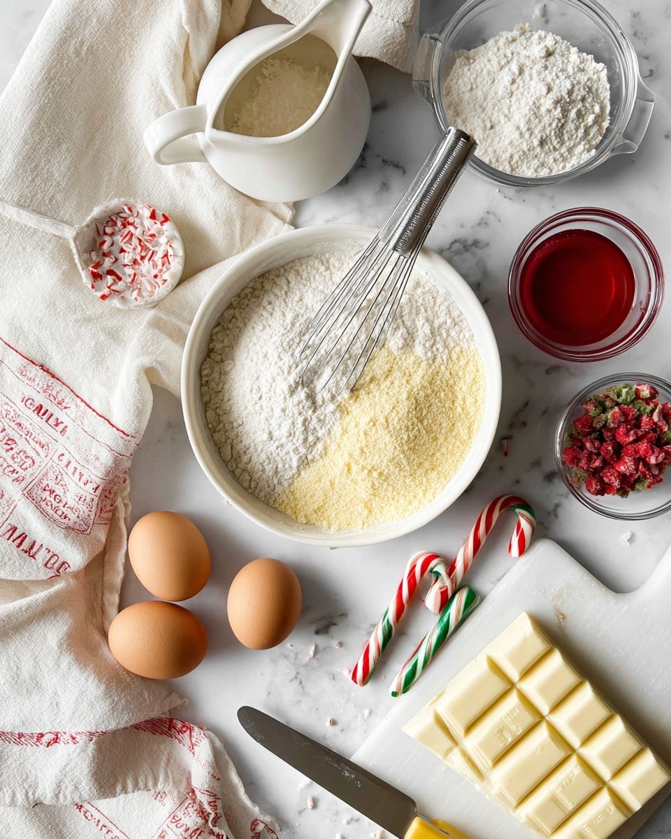 The image shows baking ingredients arranged on a white marbled surface. At the center, there is a white bowl divided into two halves, one with fine white powder and the other with a yellowish powder, with a metal whisk resting on top. Above the bowl, there is a white jug filled with granulated sugar and a spoon inside. To the right, a small glass bowl with red liquid and another glass bowl with crushed red and green pieces sit near a partially wrapped white block that looks like butter. Below, three eggs—two brown and one white—are placed near two candy canes with red, white, and green stripes. At the bottom right, there is a white chopping board with a large white chocolate bar partially sliced and a knife with a yellow handle beside it. The ingredients rest partly on a white towel with red text on it. Photo taken with an iphone --ar 4:5 --v 7