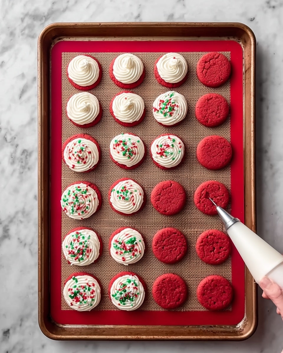 The image shows a baking tray with a red silicone mat holding twenty round red cookie pieces arranged in five rows and four columns. In the first and fourth columns, the first layer is red cookie bases topped with thick white cream swirls. In the second and fifth columns, the red cookie layers are covered with white cream spread evenly, sprinkled with small green and red crushed candy pieces. The third column has red cookie layers without any cream or topping. A woman’s hand holds a white pastry bag with a metal tip on the right side of the tray. The tray is sitting on a white marbled surface. photo taken with an iphone --ar 4:5 --v 7