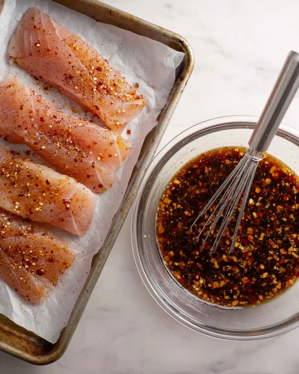 The image shows two parts: on the left, four pieces of raw pinkish fish fillets lightly sprinkled with red and brown spices, lying flat on a tray lined with white parchment paper on a white marbled surface. On the right, a clear glass measuring cup filled with a dark brown sauce, mixed with visible seeds and chopped ingredients, with a silver whisk resting inside it, placed on the same white marbled surface. photo taken with an iphone --ar 4:5 --v 7