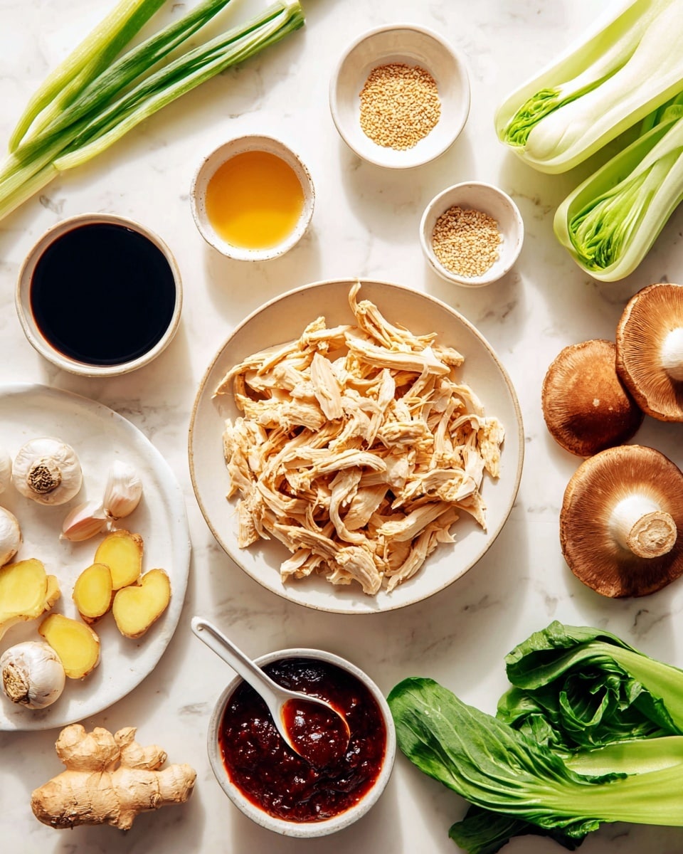 The image shows a white bowl in the center filled with light tan shredded chicken pieces. Around the bowl, there are several small white bowls holding different ingredients: a dark soy sauce, a golden liquid, a bowl with sesame seeds, and a bowl with a dark red chili sauce that has a white spoon in it. On a white marbled surface at the top right, there are fresh green spring onions, bright green leafy bok choy, and whole shiitake mushrooms with a brown cap and white stem. To the left, a small white plate holds unpeeled garlic cloves and slices of fresh ginger root with a light brown skin and yellow inside. The whole scene is placed on a white marbled background with natural light shining softly. Photo taken with an iphone --ar 4:5 --v 7