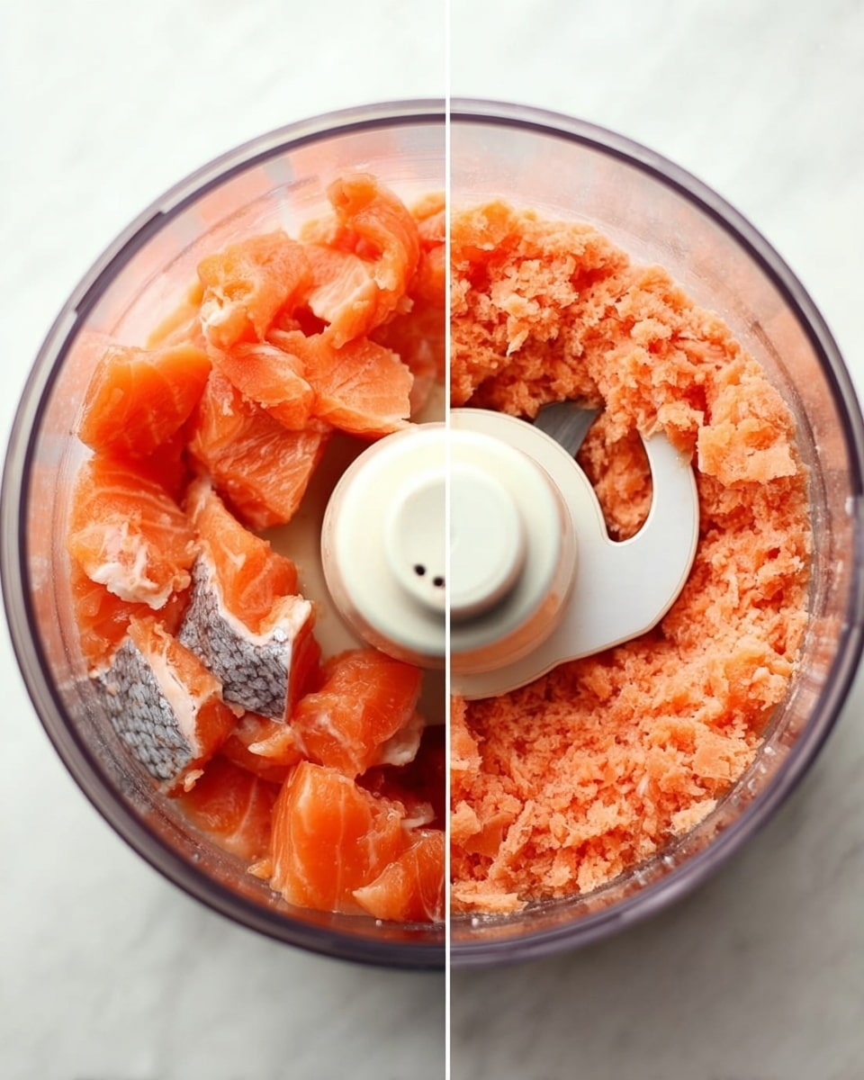 The image shows two side-by-side views of a food processor on a white marbled surface. On the left side, the food processor bowl is filled with brightly colored, fresh salmon pieces with visible orange and light pink hues, and some parts showing skin with light gray and black. On the right side, the food processor bowl contains finely ground salmon with a soft and slightly textured appearance, in a consistent pale orange color. The food processor blade and central white plastic part remain visible in both views. photo taken with an iphone --ar 4:5 --v 7