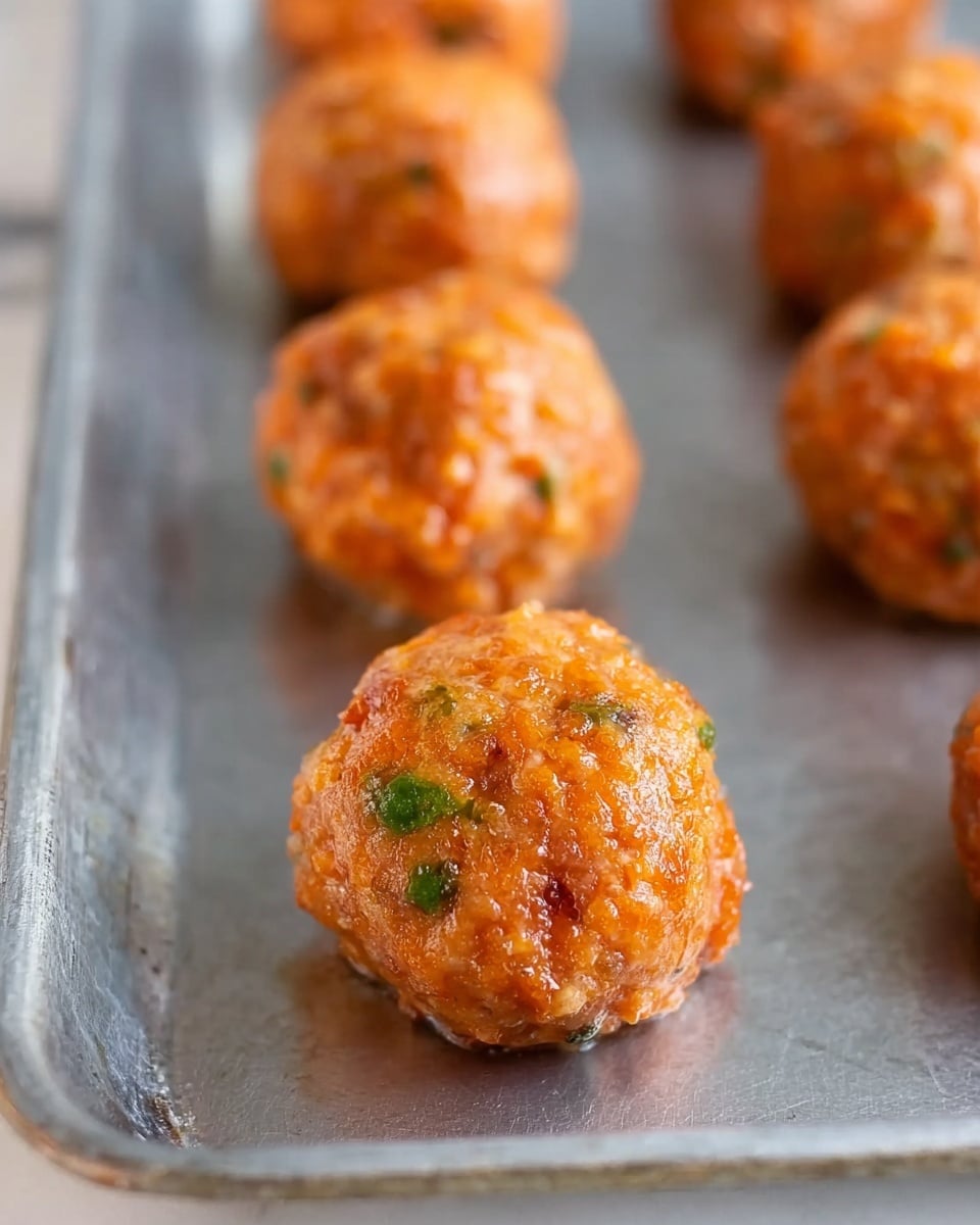 The image shows small, round orange meatballs placed on a metal tray. Each meatball has small green bits mixed inside, giving a speckled look. The meatballs have a slightly shiny surface and look moist, with a smooth but uneven texture. The tray has a shiny, gray metal look, and the background is a white marbled surface. The image focuses closely on the front meatball, with others blurred in the background, showing depth. photo taken with an iphone --ar 4:5 --v 7