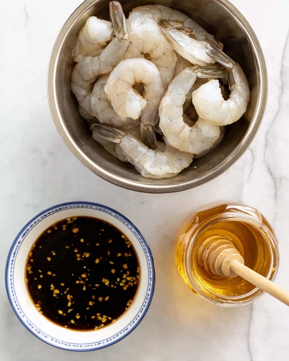 A silver metal bowl filled with raw white shrimp with tails on is placed on a white marbled surface. Below the bowl to the left, there is a white bowl with a blue rim containing a dark brown liquid with small yellow specks floating in it. To the right of that, a small clear jar contains golden honey with a wooden honey dipper resting inside it. The colors show light grays and whites in the shrimp, dark brown in the sauce, and bright golden honey, all set on a clean white marbled background. Photo taken with an iphone --ar 4:5 --v 7