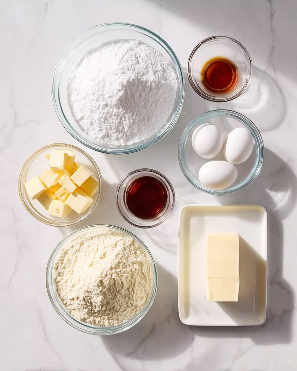 The image shows six clear glass bowls and one white rectangular plate arranged on a white marbled surface. In the top center is a large bowl filled with white powdered sugar. To its left is a small bowl holding light-yellow cubes of butter, and above it is a tiny bowl with dark amber vanilla extract. Below the powdered sugar to the left is a medium bowl filled with pale yellow flour, and to the right is a smaller bowl holding three white eggs. On the far right side, there is a white rectangular plate holding a block of cream cheese. Each bowl and plate holds a single ingredient in a neat and simple layout, with soft shadows cast on the surface. The photo taken with an iphone --ar 4:5 --v 7