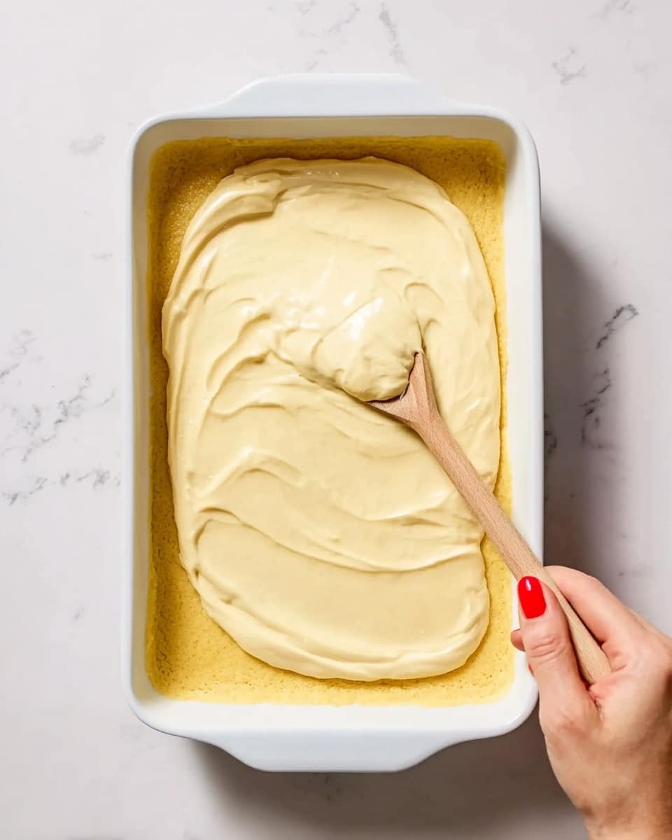 A white rectangular dish filled with a thick golden yellow dough layer at the bottom, with a smooth creamy pale yellow batter being spread evenly on top using a wooden spoon held by a woman's hand with red painted nails. The dish is placed on a white marbled surface. Photo taken with an iphone --ar 4:5 --v 7