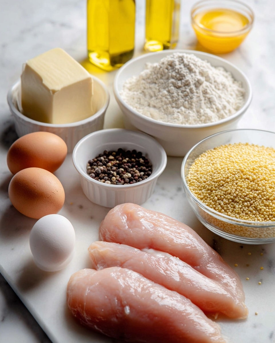 The image shows three raw pink chicken fillets placed on a white marbled surface, along with one whole white egg nearby. Behind the chicken, there is a white bowl filled with fine white flour, next to a smaller white bowl containing whole black peppercorns. To the left, a white bowl holds a block of pale yellow butter, and two brown eggs rest in a white bowl. On the right, a clear glass bowl is filled with yellow couscous, and a small white bowl contains a raw egg yolk. Two glass bottles with yellow and light oil are in the background, all arranged neatly on the white marbled surface photo taken with an iphone --ar 4:5 --v 7