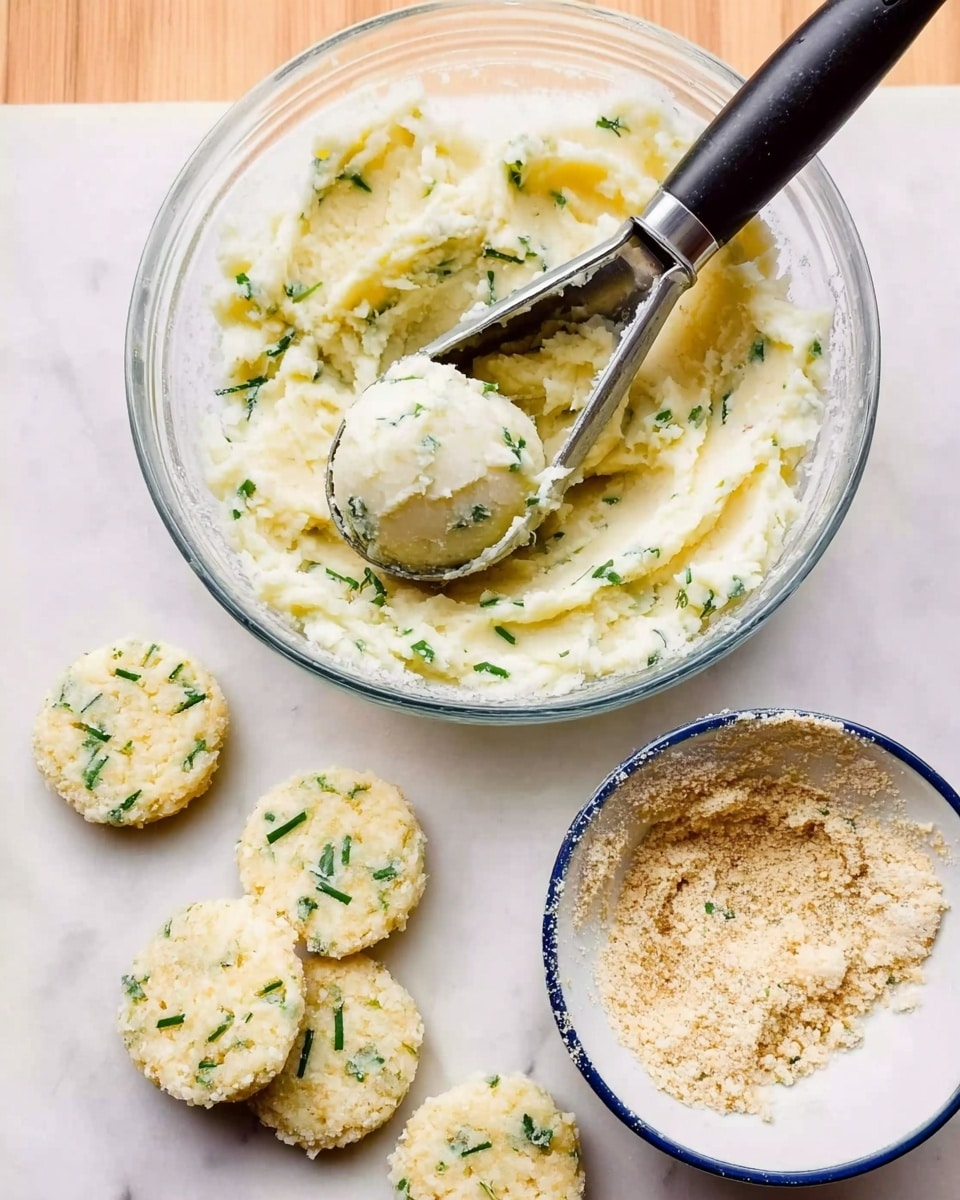 A clear glass bowl filled with creamy mashed potatoes mixed with small green herbs sits on a white marbled surface. A black-handled ice cream scoop rests inside the bowl, lifting a rounded scoop of the mashed potatoes. Nearby, six small round patties made from the mashed potatoes and herbs are placed directly on the surface. To the right, a white round bowl with blue rim contains beige crumbs, with one round patty being coated in the crumbs. The textures show soft, smooth mashed potatoes with a slight rough crumb layer forming on one patty. photo taken with an iphone --ar 4:5 --v 7