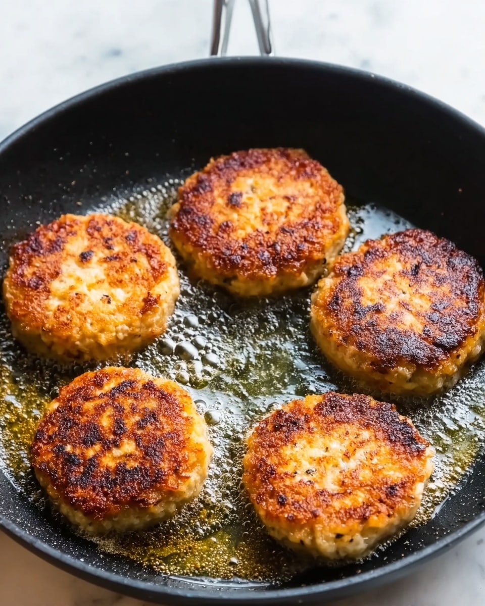 The image shows five golden brown patties frying in a black skillet filled with oil. The patties have a crisp, textured surface with a mix of light brown and darker brown spots, indicating they are cooked evenly. The skillet is sitting on a white marbled surface. Each patty is round with a slightly rough texture and appears thick and juicy. The visible oil bubbles around the patties add shine and highlight the crispiness of their edges. Photo taken with an iphone --ar 4:5 --v 7