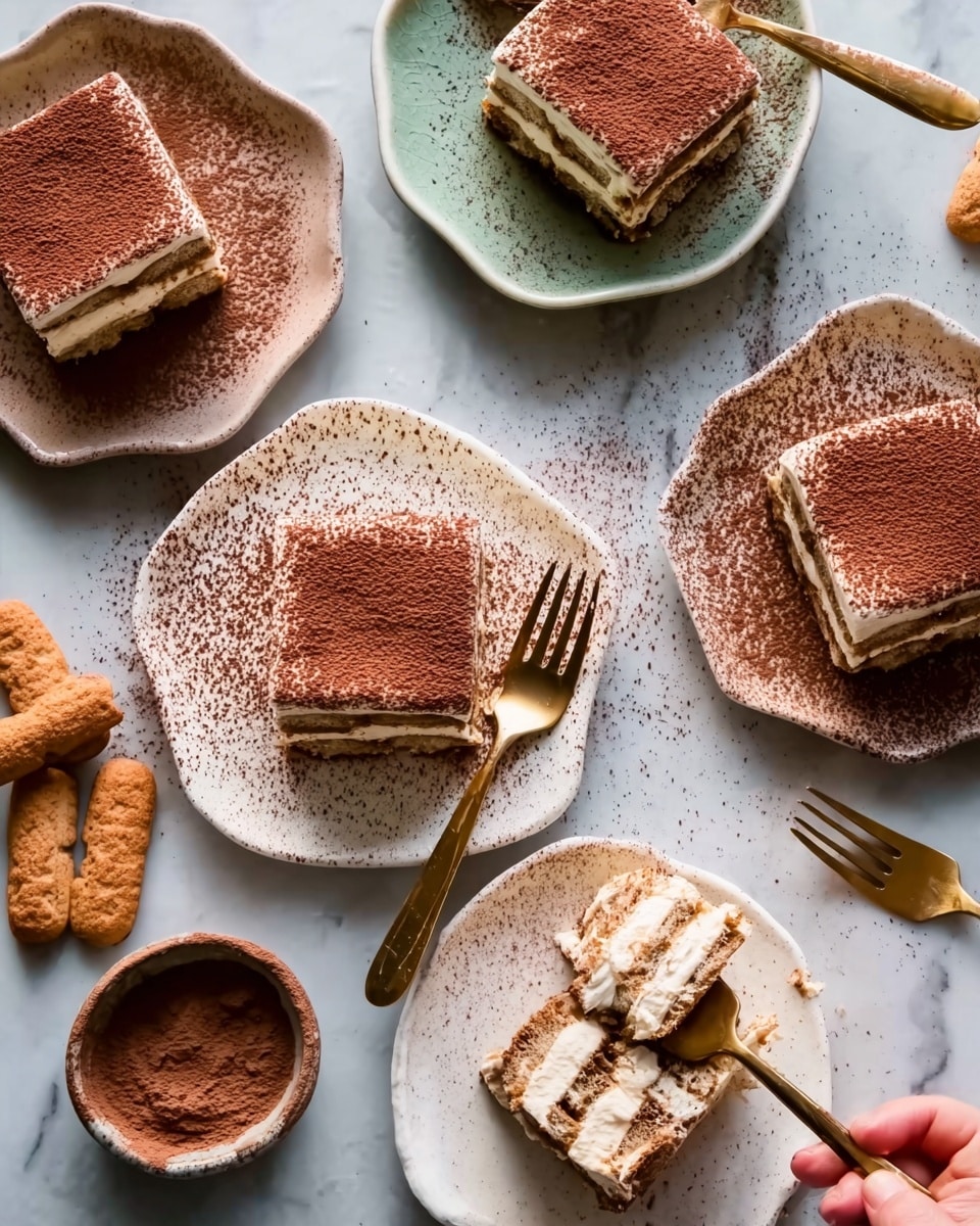 The image shows four pieces of tiramisu dessert placed on white plates with different shapes and textures, each piece having three visible layers: a dusting of cocoa powder on top as the dark brown layer, a creamy light beige middle layer, and a soft, spongy light brown bottom layer. One plate on the bottom right has a woman's hand holding a small gold fork that is digging into the dessert, revealing the soft texture inside. Around the plates, there are some ladyfinger biscuits and a small bowl filled with cocoa powder on a white marbled surface. The scene has a warm and inviting feel, with golden forks placed near the desserts photo taken with an iphone --ar 4:5 --v 7